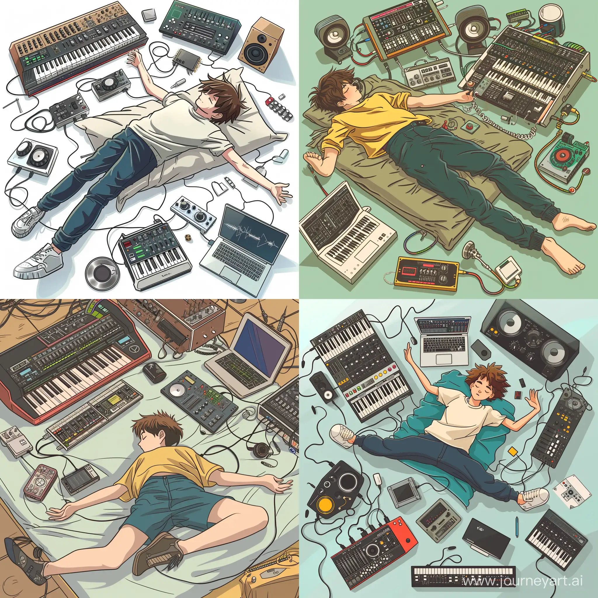Draw a cartoon-style student lying on a bed on his stomach, arms and legs spread out. He fell asleep with his clothes on. Radio components should be scattered around, there is a mixing console, a sound card, a midi keyboard, a laptop, an oscilloscope.
