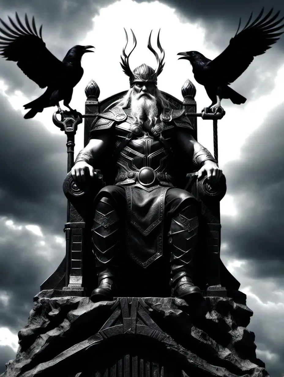Show me an original rendition of Odin on his throne in Asgard.  Do it in black and white, with only 2 crows flying through the air above him.