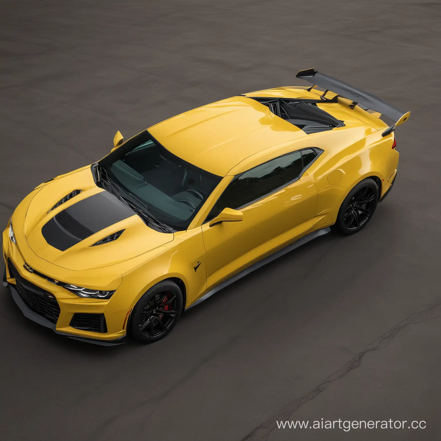 2024 Chevrolet Camaro ZL1
в желто- матовом цвете, фон черный и вид сверху с боку