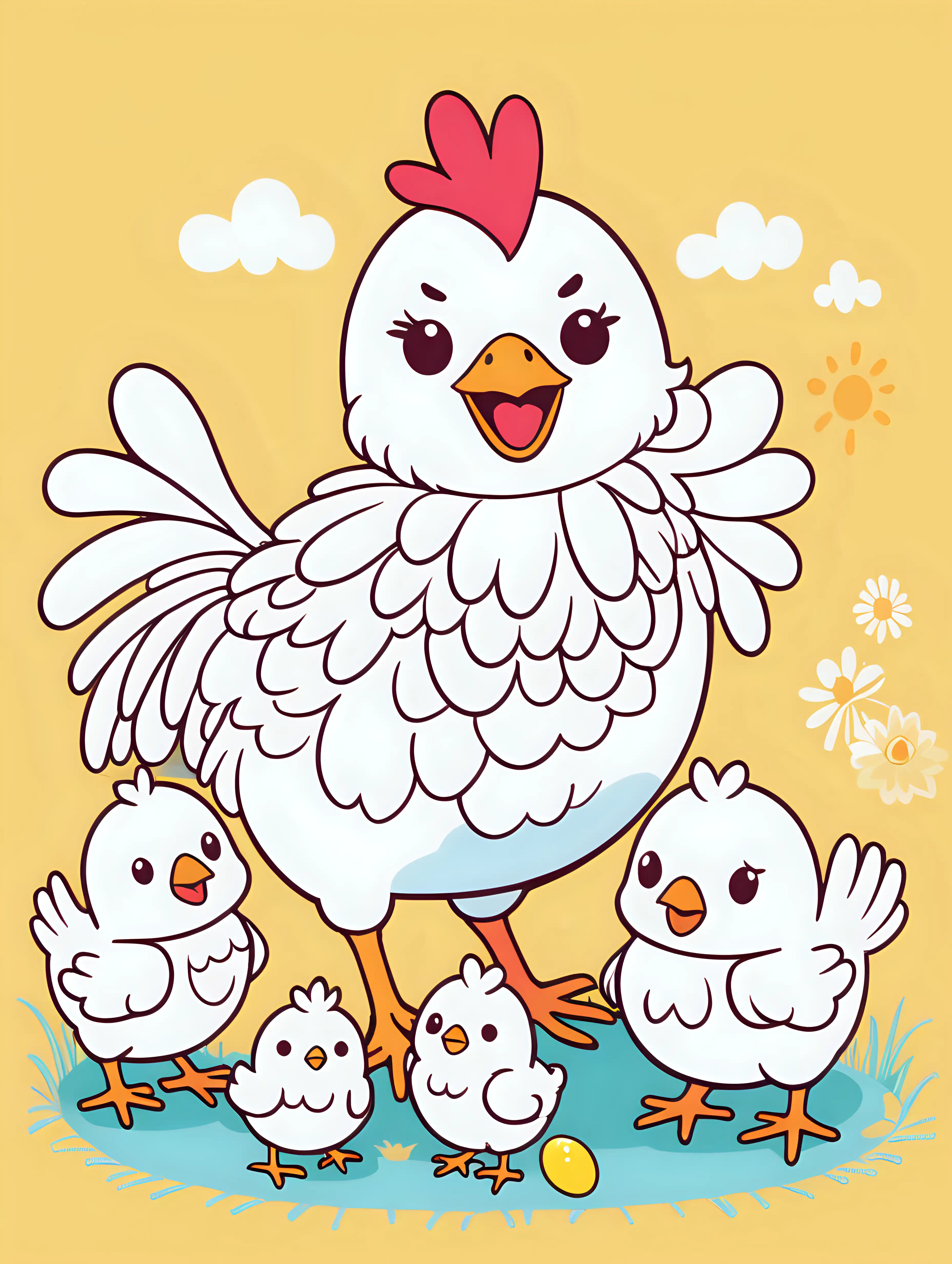 Joyful Kawaii Mama Chicken and Baby Chicks in Vibrant Easter Scene