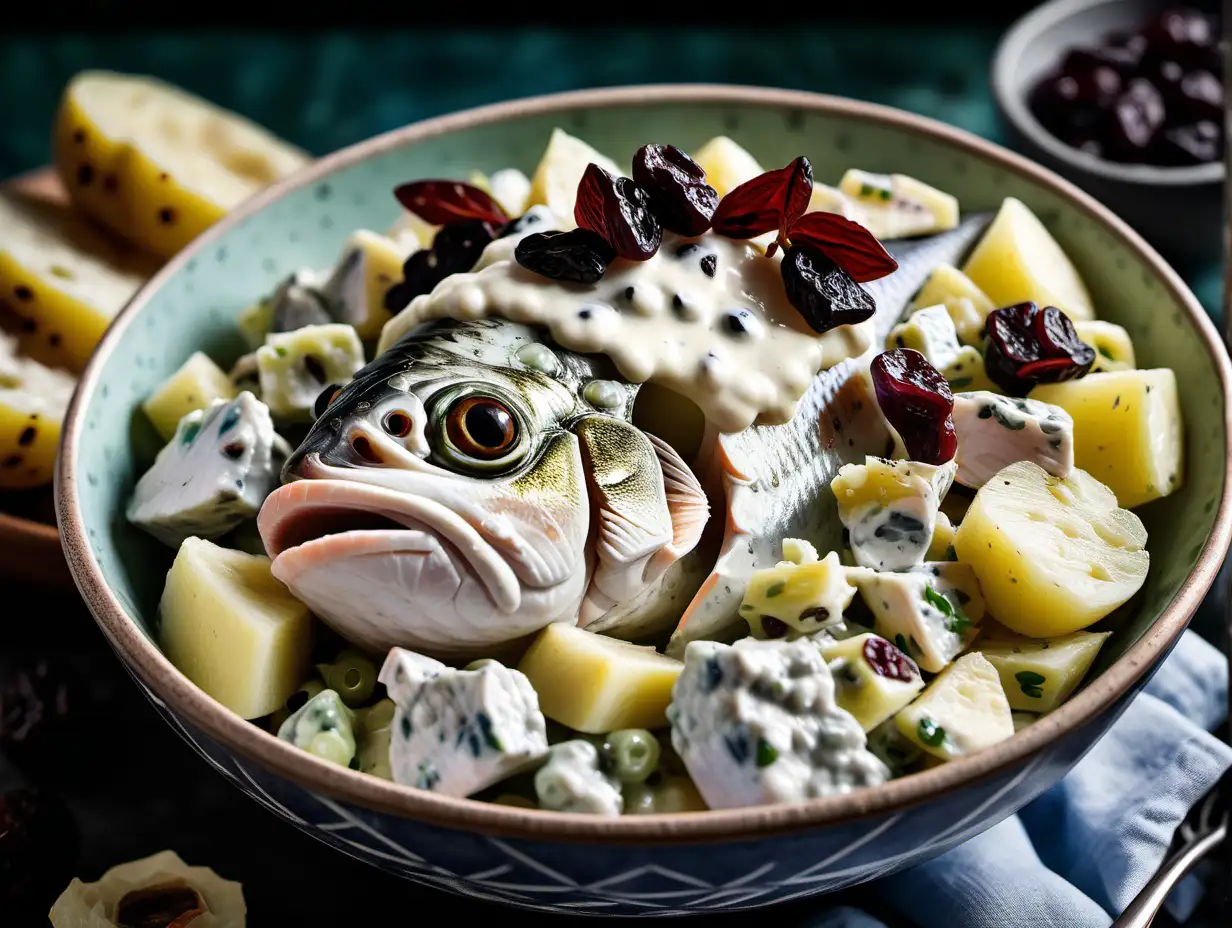 Delicious Creamy Potato Salad with Unique Twist Fish Head and Raisins