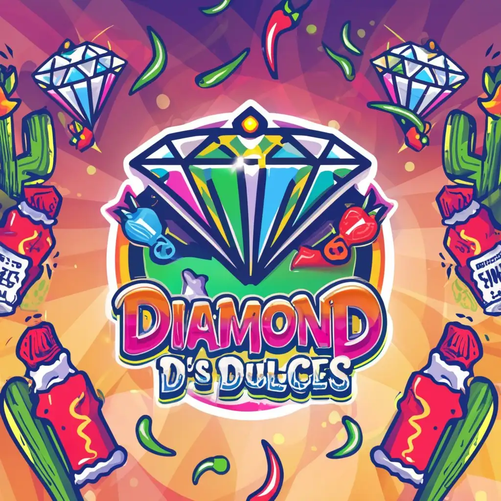 a logo design, with the neon text Diamond D's Dulces, main symbol: Alien, cactus, spicy peppers, multi-colored diamonds in a bowl, spicy candies, white background, space, desert, flames, sombrero, complex, to be used in Retail industry, clear background