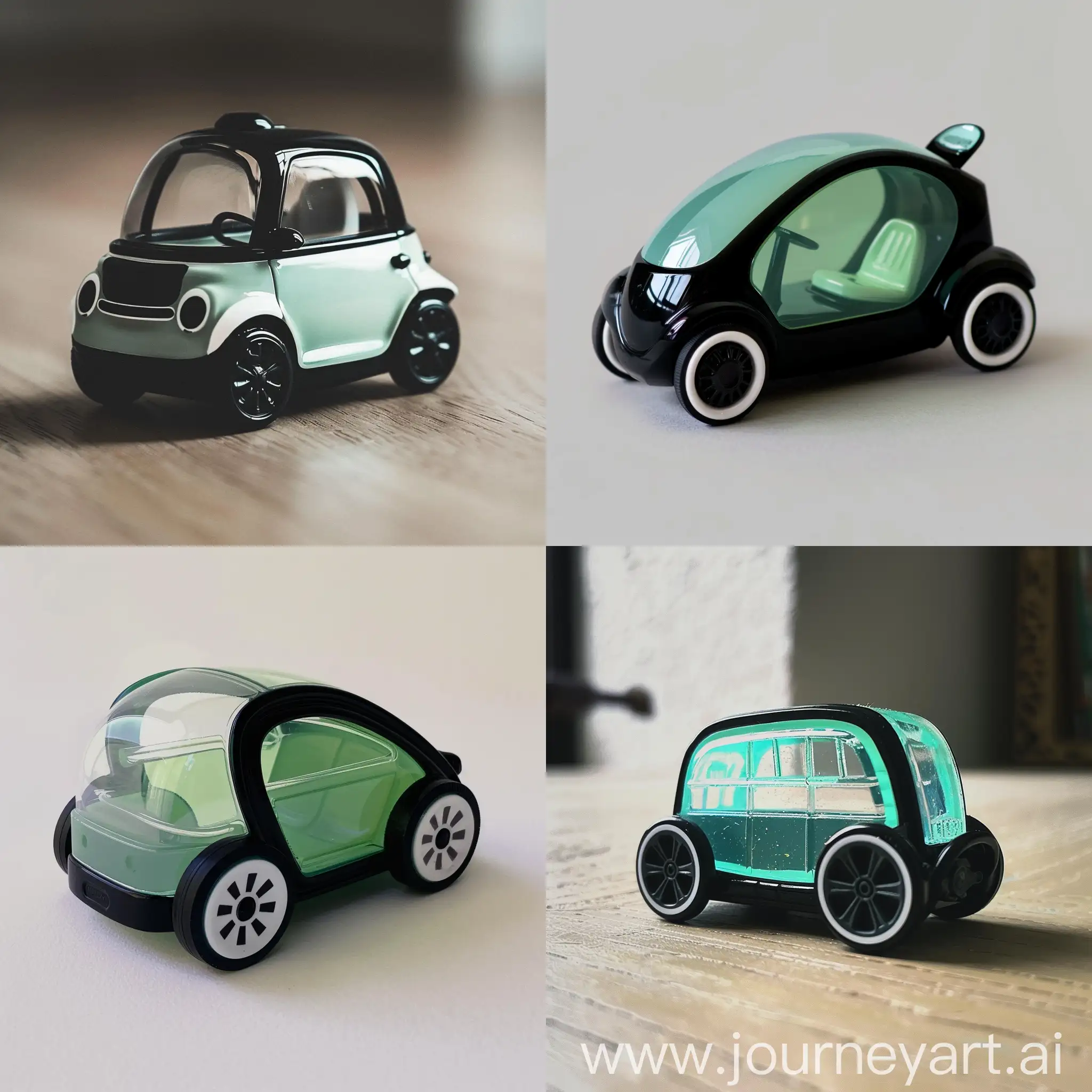 Generate image of tiny toy car, black bottom ,upper body transparent green ,tyres in front fully black and back tyres are white tyres with black border,car is 2 seater