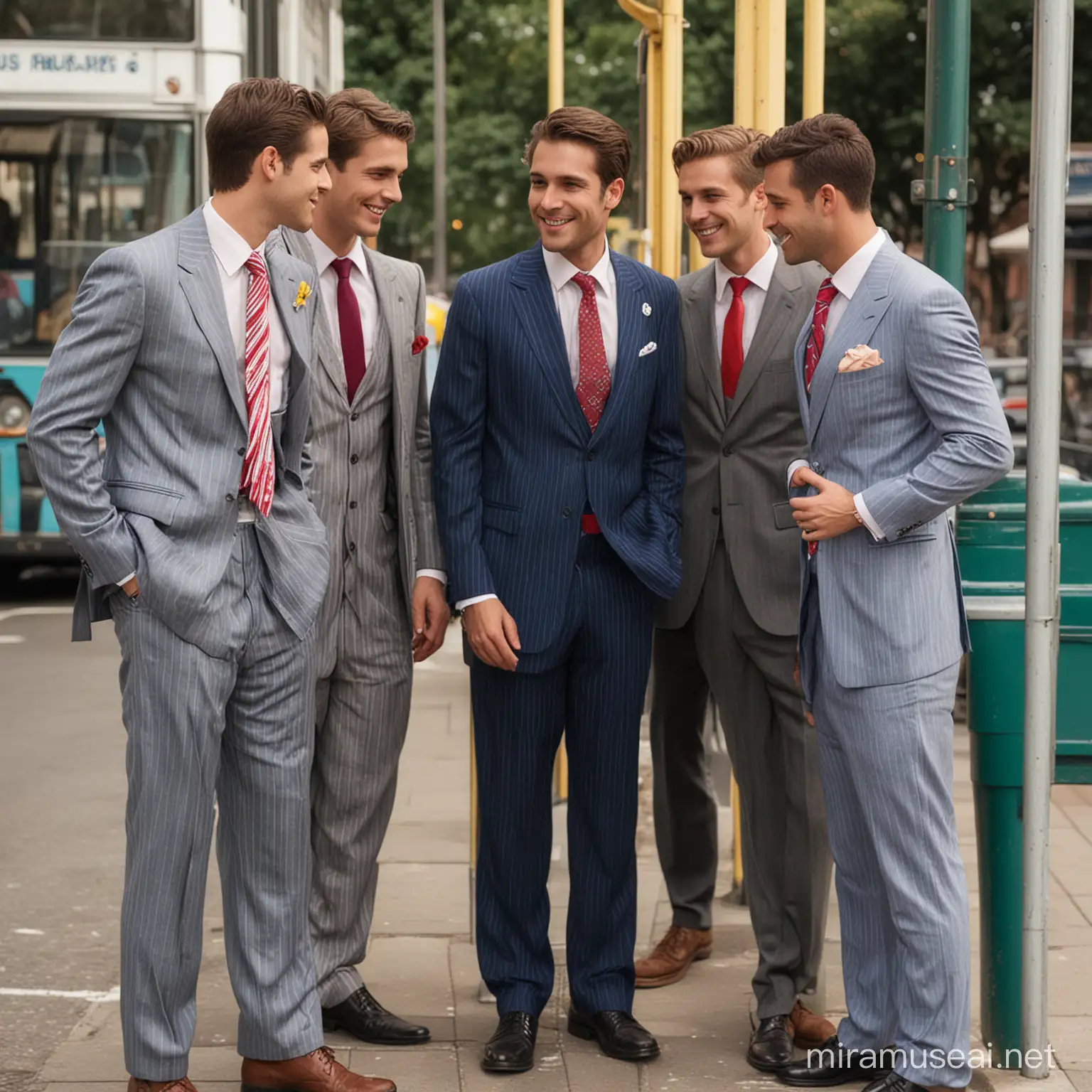 Four Men Flirting in Vibrant Pinstripe Suits at Bus Stop