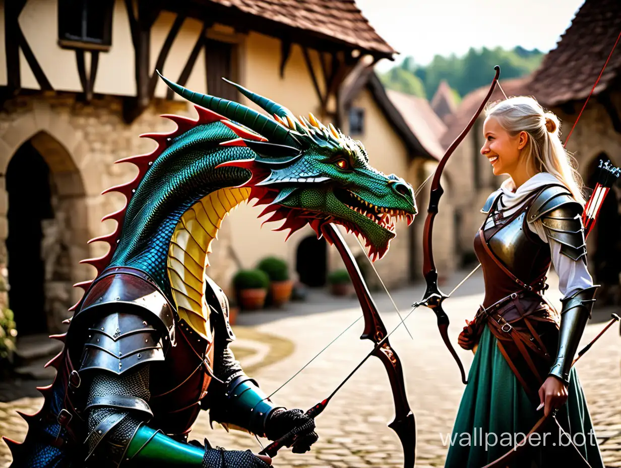 A friendly dragon with a female archer in a medieval village