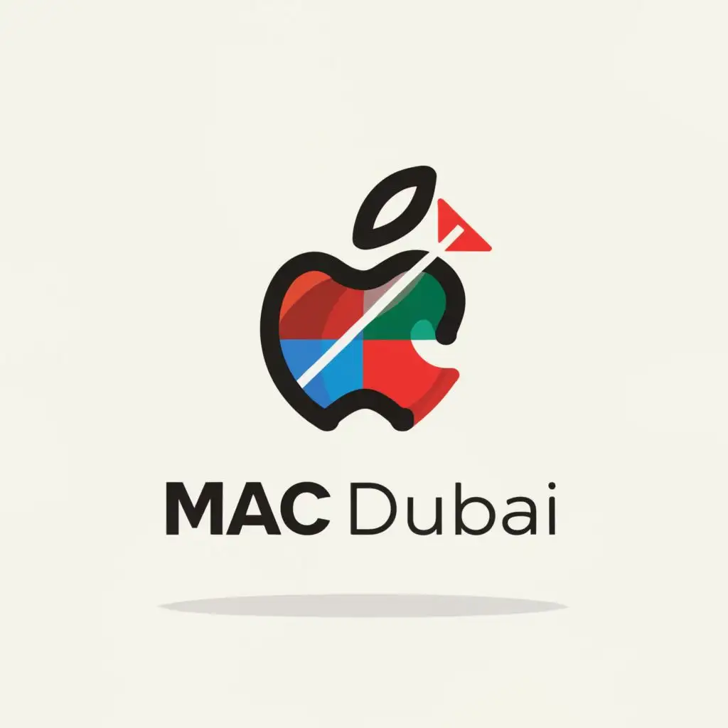 a logo design,with the text "Mac Dubai", main symbol:arrow into apple logo,Moderate,be used in Technology industry,clear background