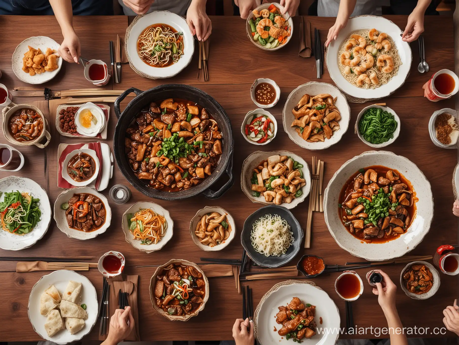 Создай картинку китайского ресторана с традиционными блюдами на столе