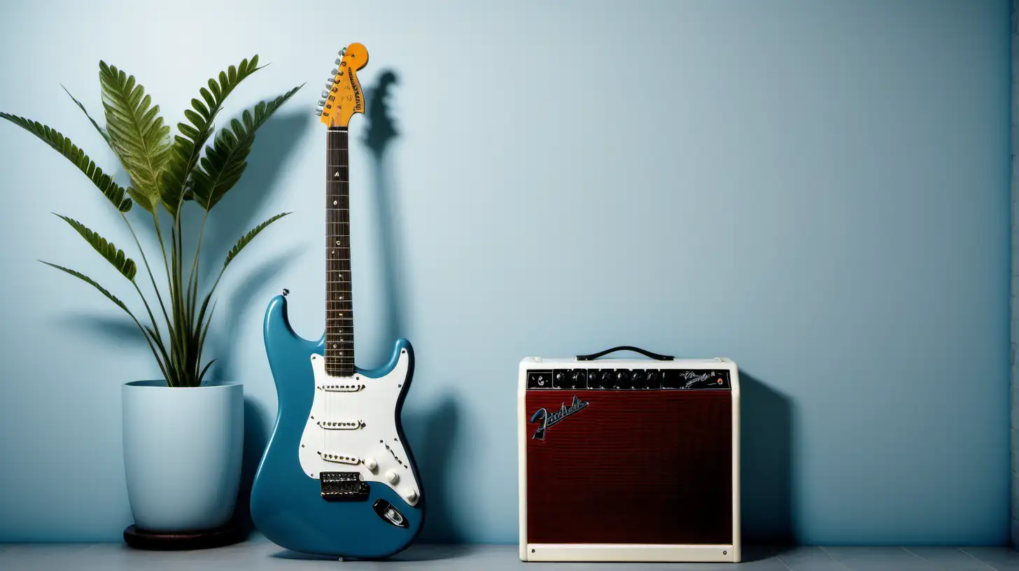 Ciel Color Fender Stratocaster Guitar Against Bright Wall with Minimal Decor