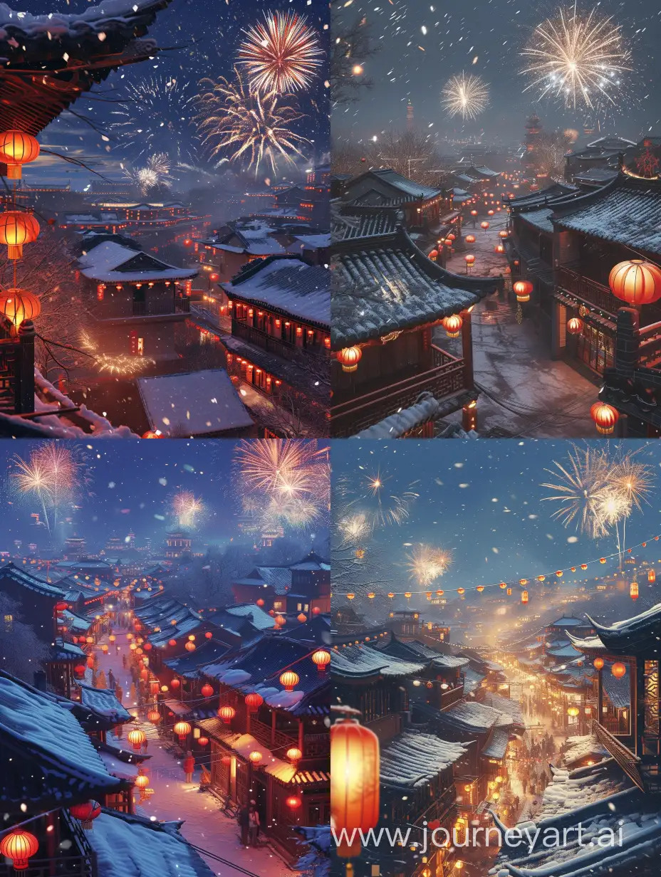 Chinese New Year, at night, streets adorned with lanterns, rooftops dusted with snow, fireworks lighting up the sky, creating a joyous atmosphere. --v 6 --ar 3:4 --no 92552