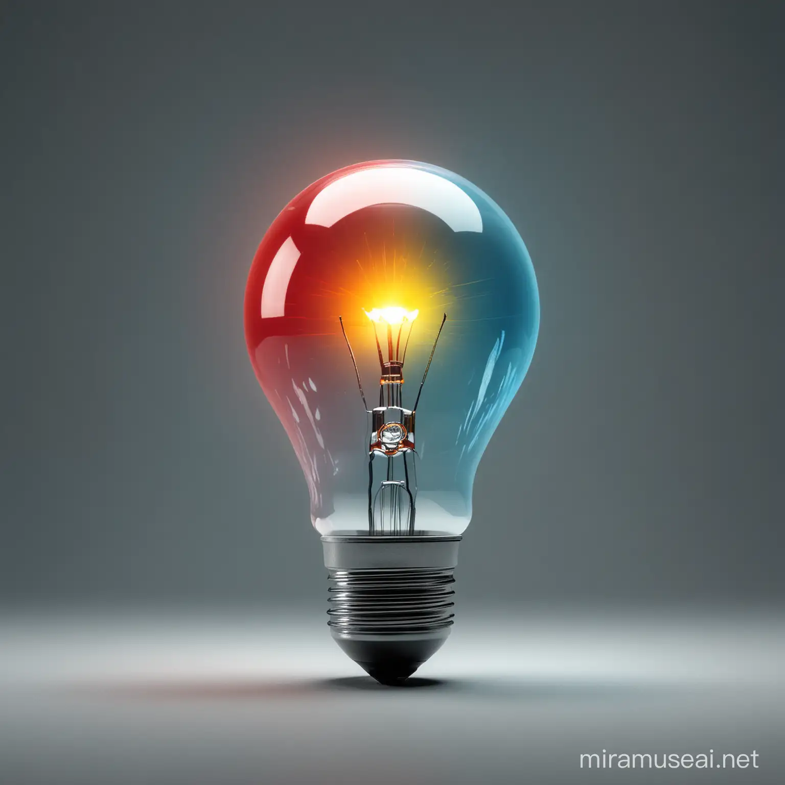 Futuristic Blinking Light Bulb with Red Yellow and Blue Illumination on Gray Background