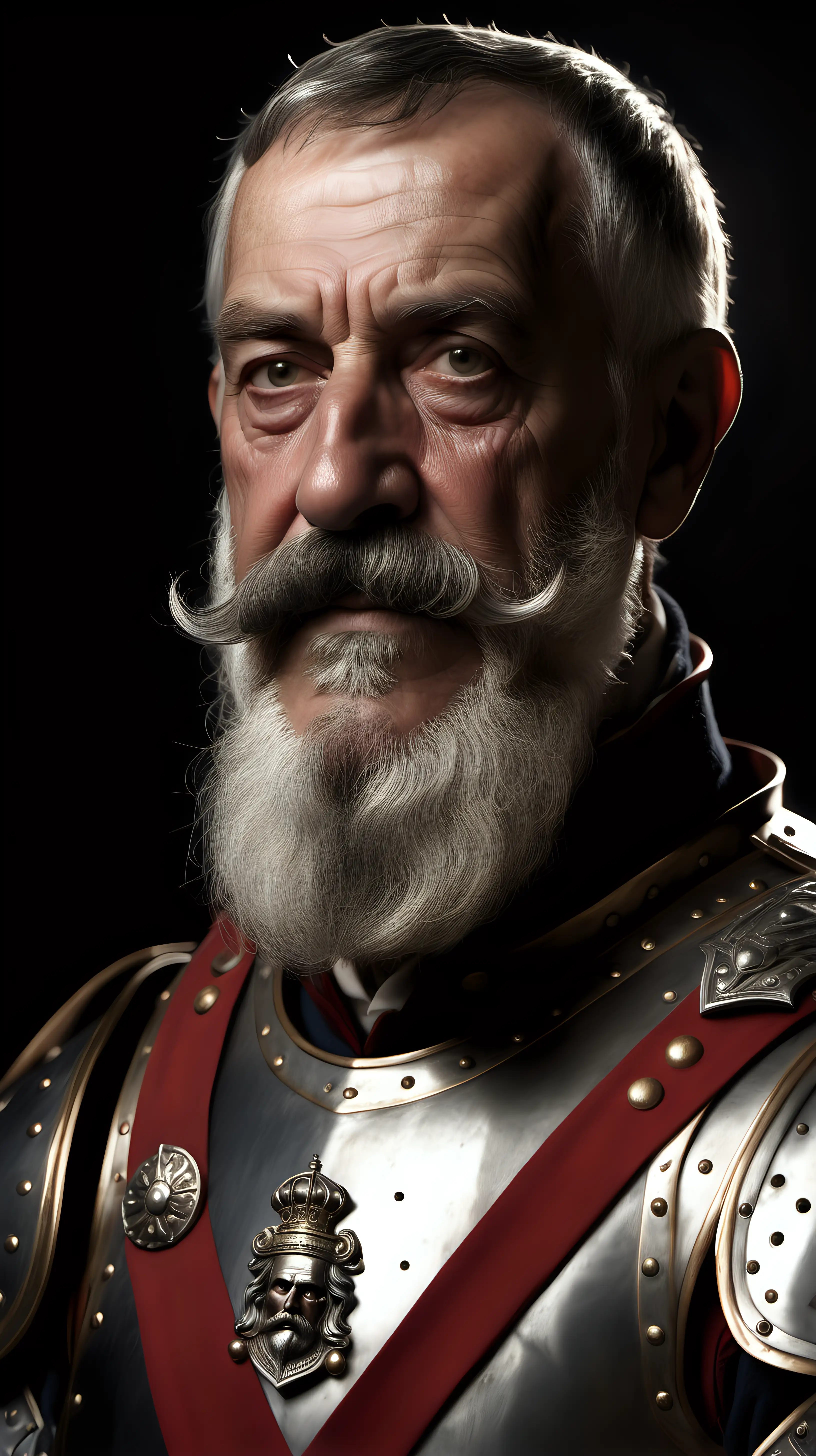 imagen ultra realista, hombre con 69 años de edad, barba canosa,bigote ancho,soldado de los tercios españoles,coraza,1580,iluminacion cinemática,alta definición,16k