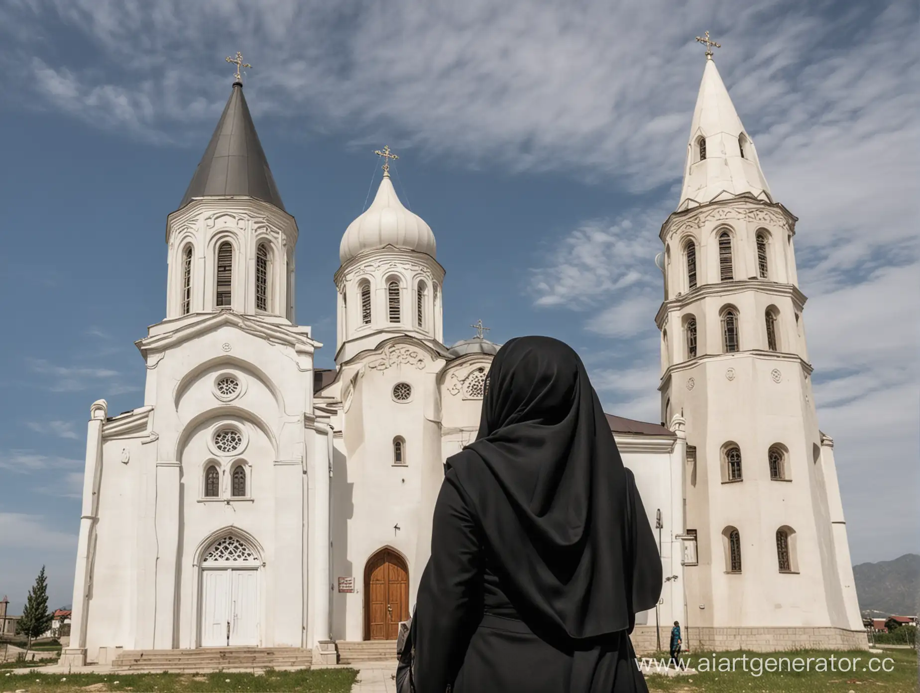 Христианка в хиджабе стоит лицом к белой православной церкви в Осетии