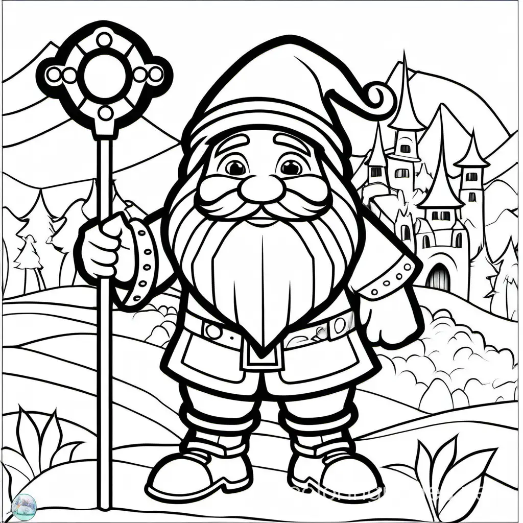 The dwarf is kind, Coloring Page, black and white, line art, white background, Simplicity, Ample White Space. The background of the coloring page is plain white to make it easy for young children to color within the lines. The outlines of all the subjects are easy to distinguish, making it simple for kids to color without too much difficulty