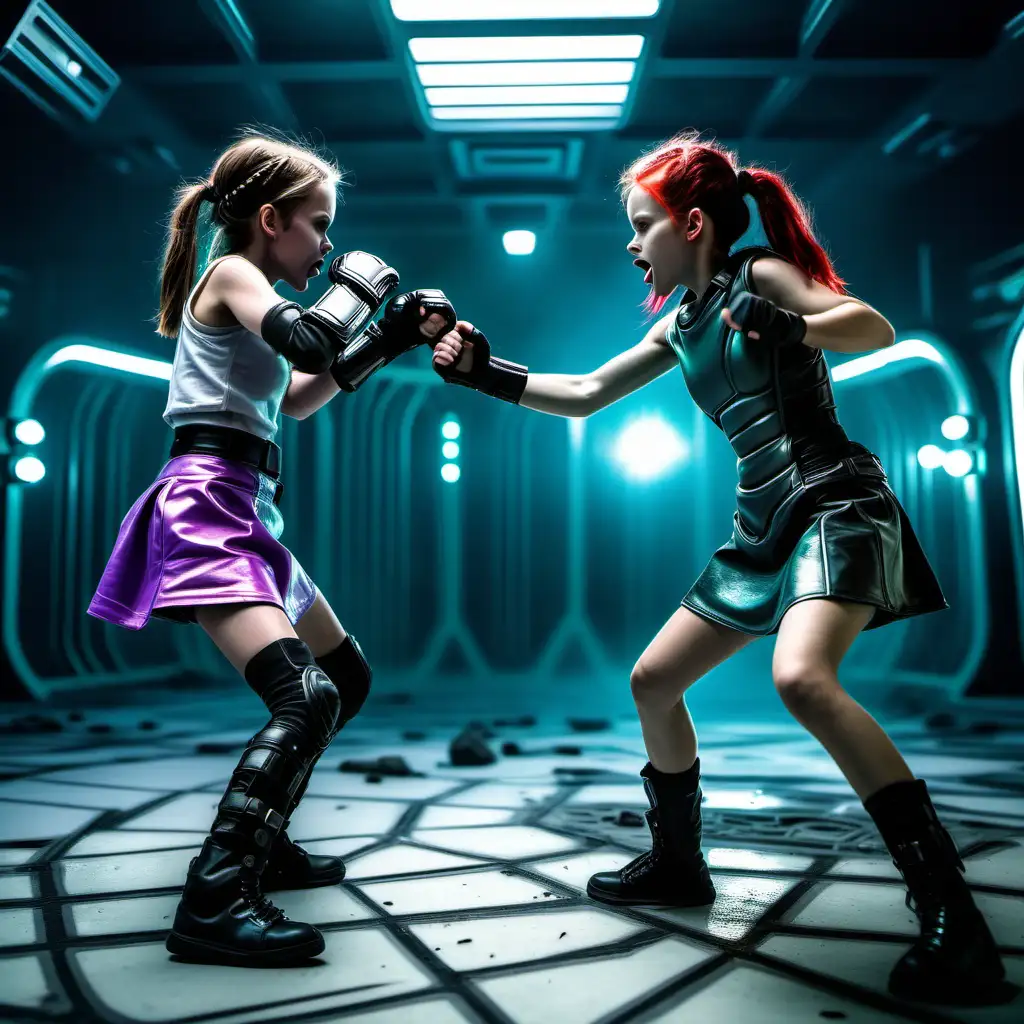 cute teen girls fighting in an alien arena
