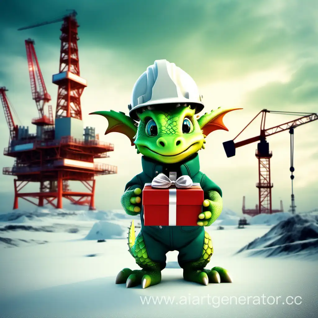 зеленый добрый милый дракончик в белой рабочей каске  в рабочем комбинезоне на фоне нефтяных вышек с подарком в руках зимой
