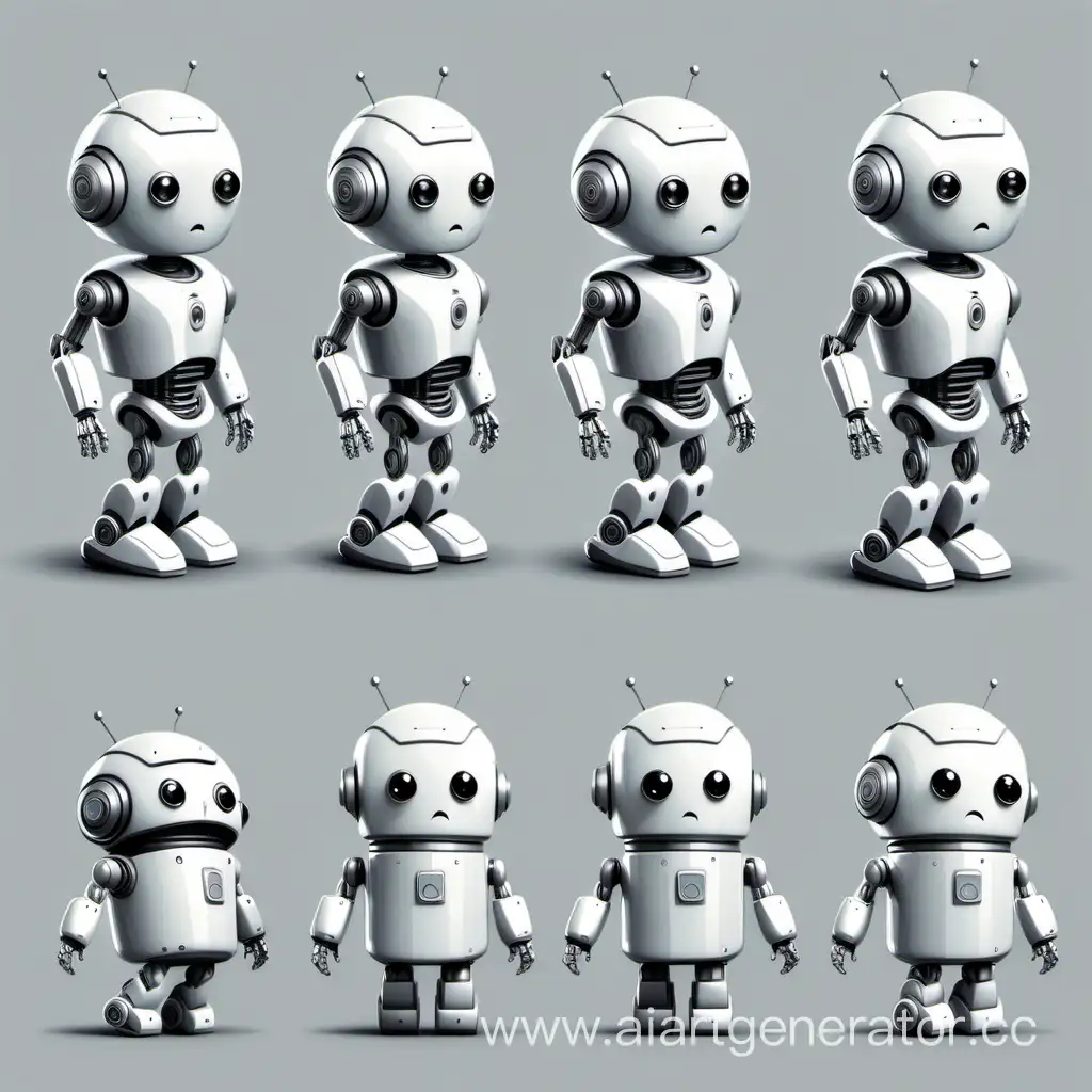 Draw a cartoon android robot in white and gray colors and in different poses and with different emotions