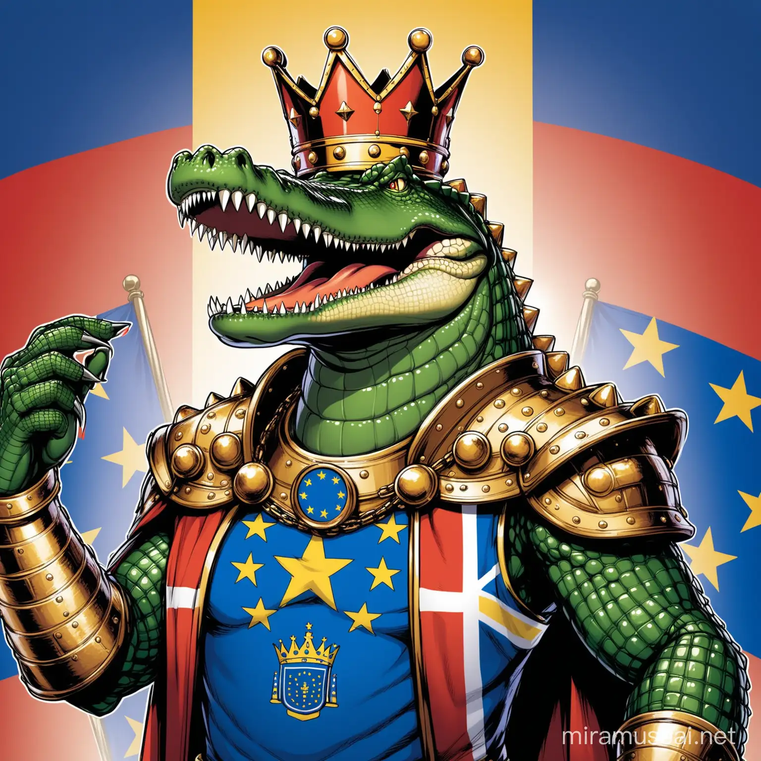 The leader of the unified European Union as crocodile wearing a crown and the gauntlet. The European Union's flag is seen in the background.