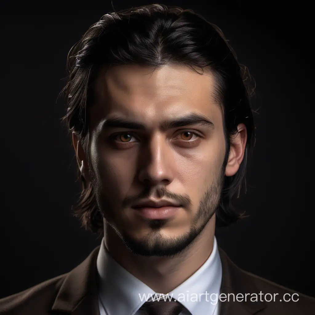 hyper realistic, ultra detailed photograph, (head frame), center image, male, 25 years old, european, long black hair, small beard, brown eyes, portrait, brown suit, profile photo, looking into the camera, soft lighting, dark background