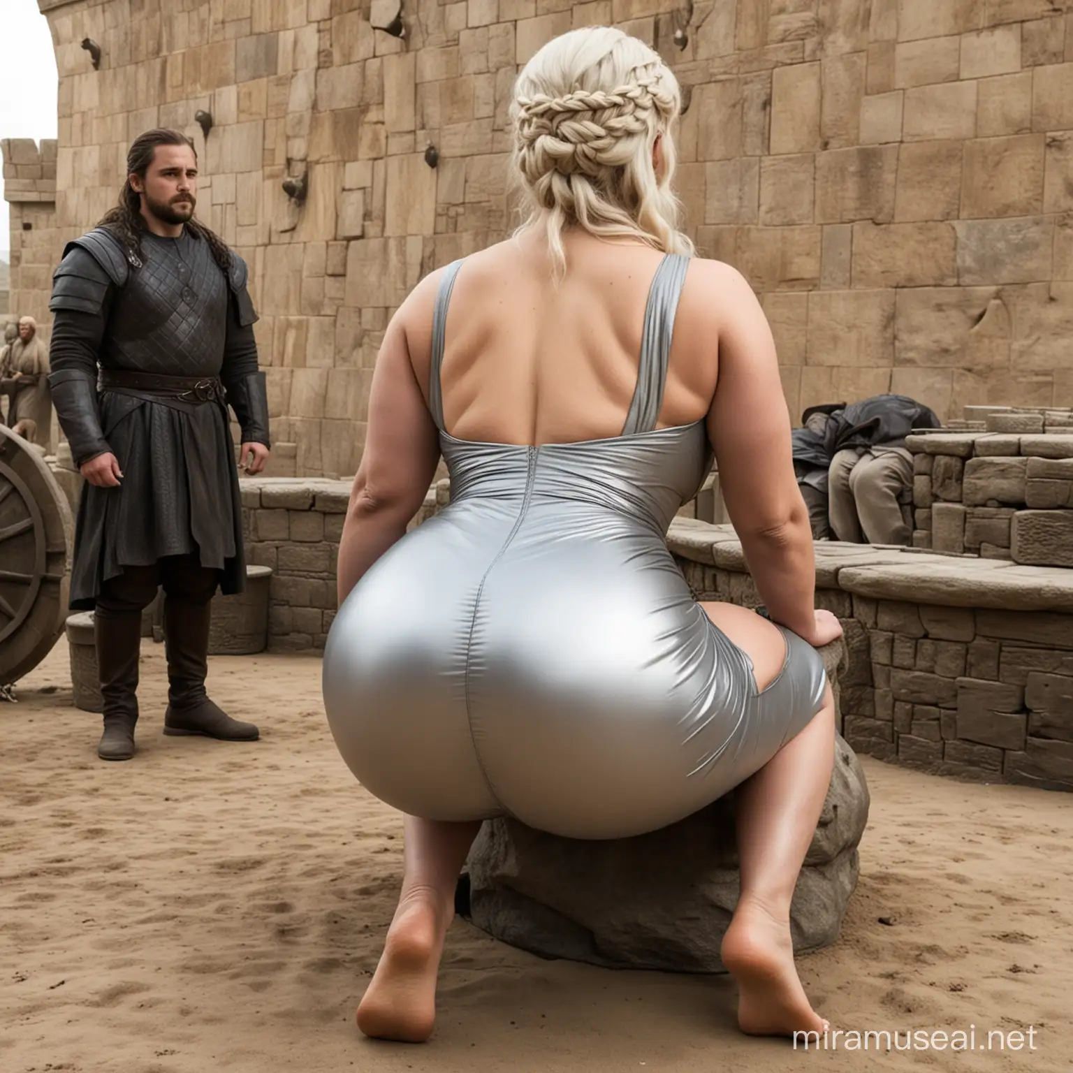 daenerys targaryen, tight silver dress, squatting, bbw, insanely giant ass, pawg, curvy accentuated booty, thicc, insanely inflated hips, from game of thrones, fully clothed, view from behind 