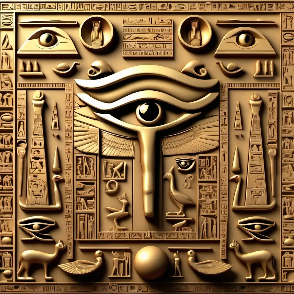 3d Egyptian design with hieroglyphics, eye of horus, bastat and other egyptian images



