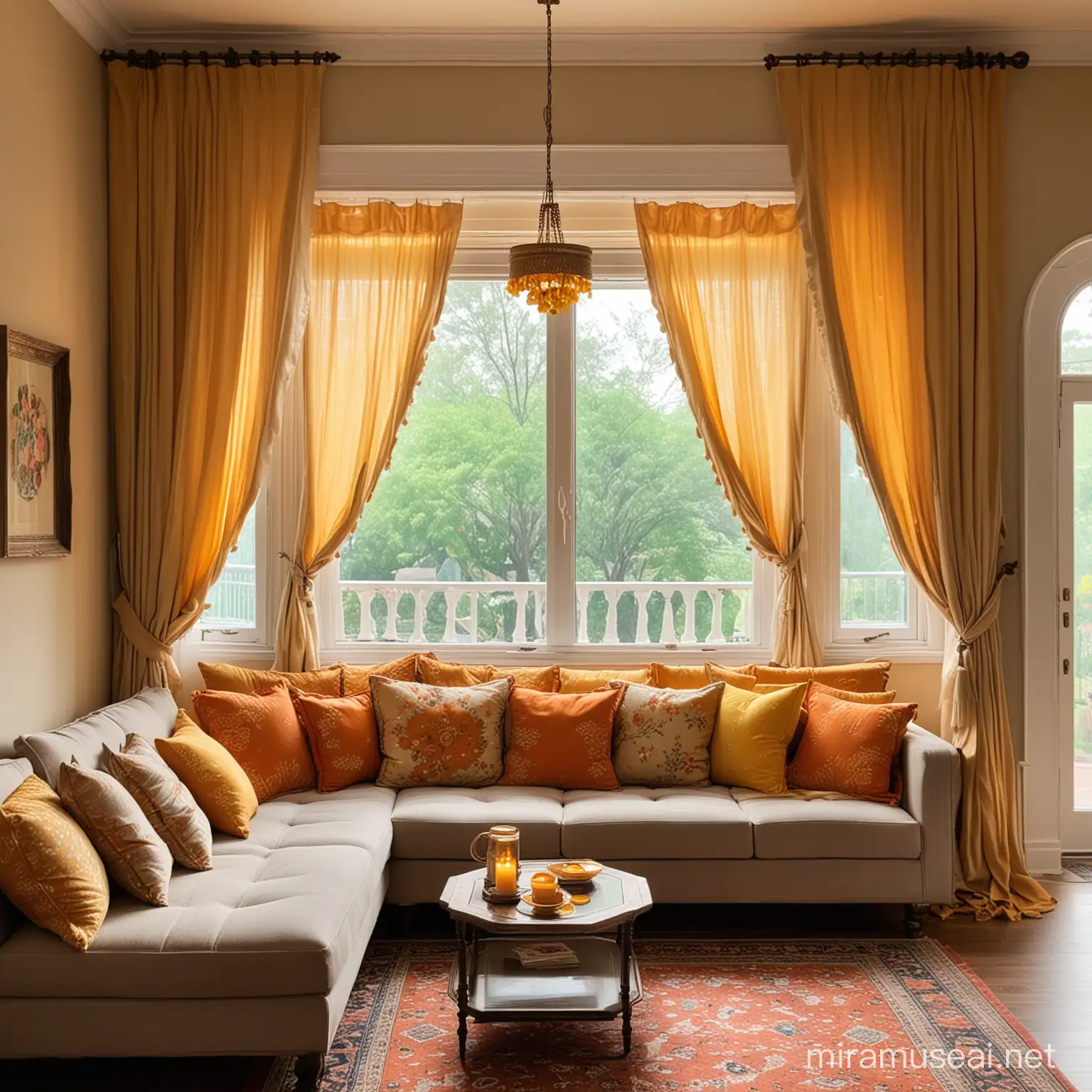 An Indian living room from the side angle, the window at the end of the room with light coming through and curtains on both sides pushed aside. Add a toran -flower garland arch made of yellow and orange marigold flowers on the top of the window between the curtains. It has a comfy sofa on the right decorated with 5 silky and orange pillows. There is an antique coffee table in front of the sofa with a few tea lights on it.