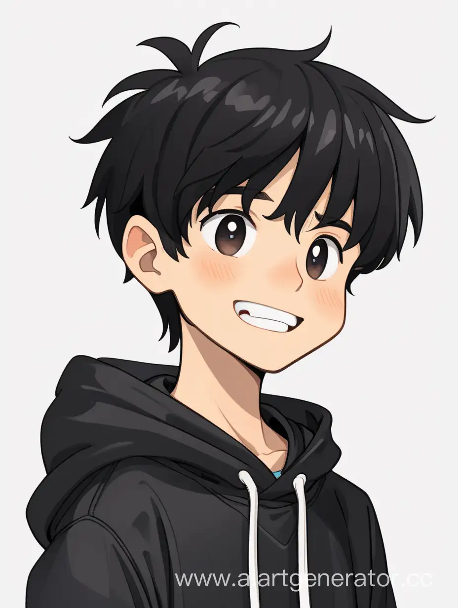 a tired black-haired boy in a black hoodie is happy, white background