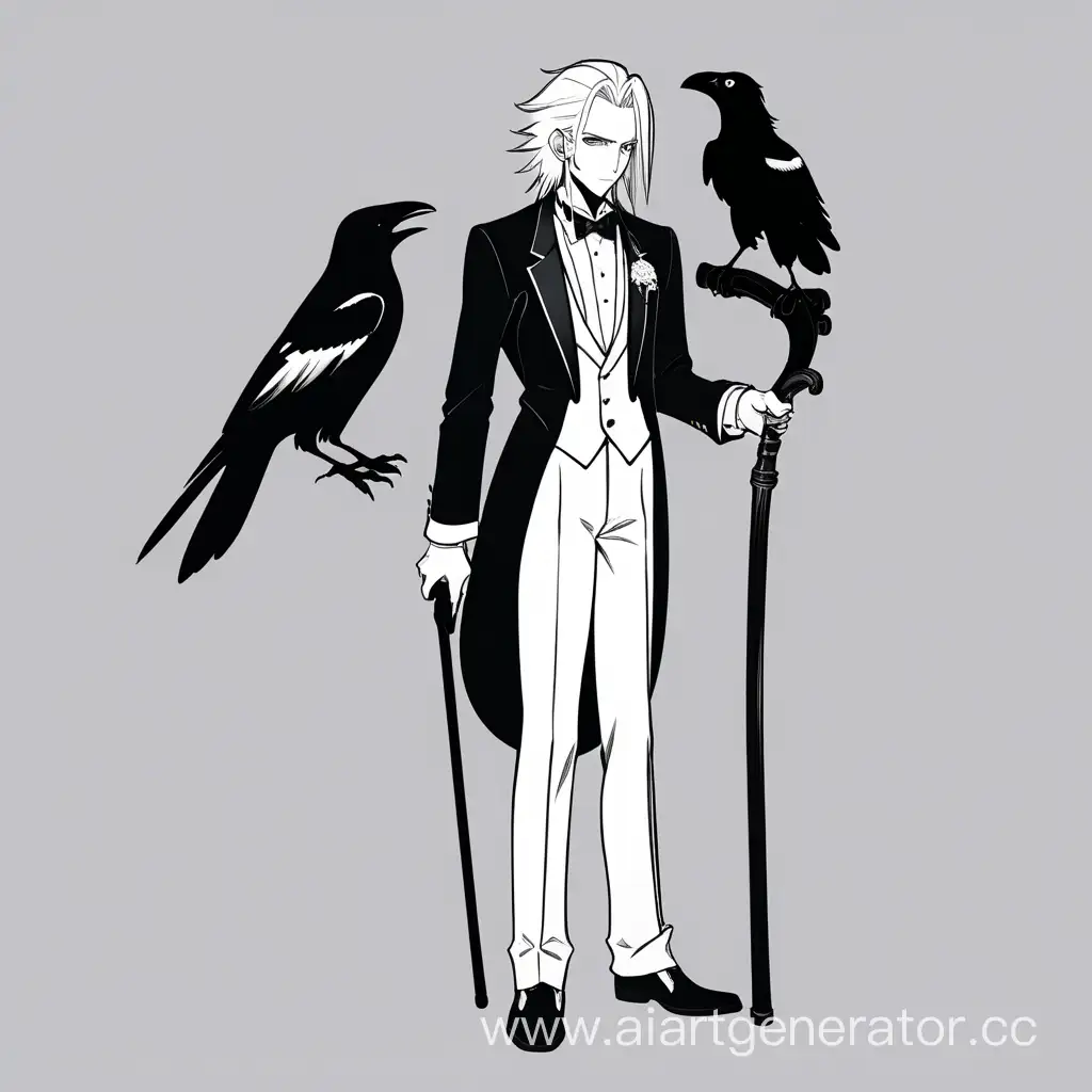 парень с черно-белыми волосами в смокинге и с тростью держит на руке ворона в стиле аниме в полный рост.