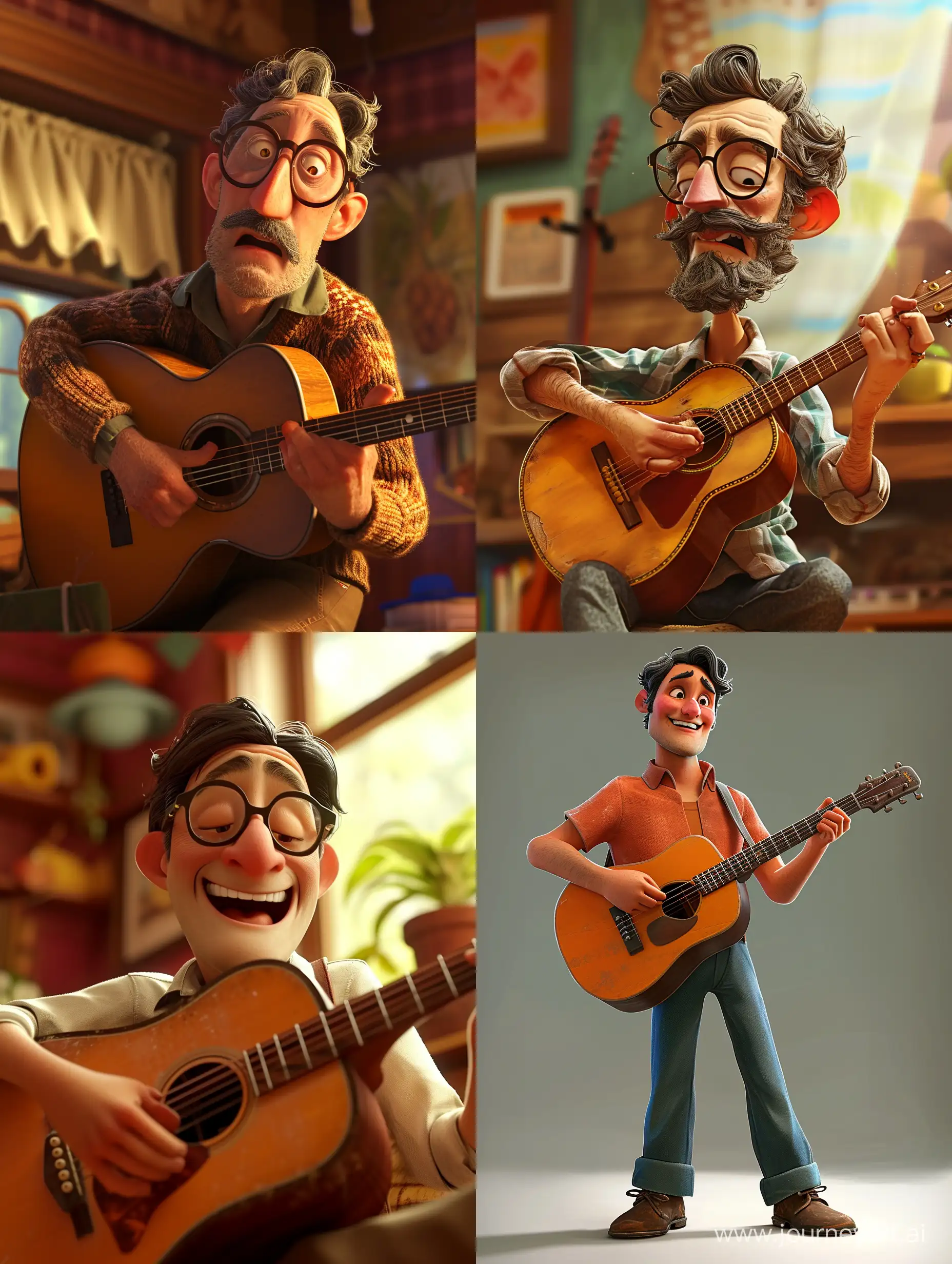 Master acoustic guitar player, pixar animation style.