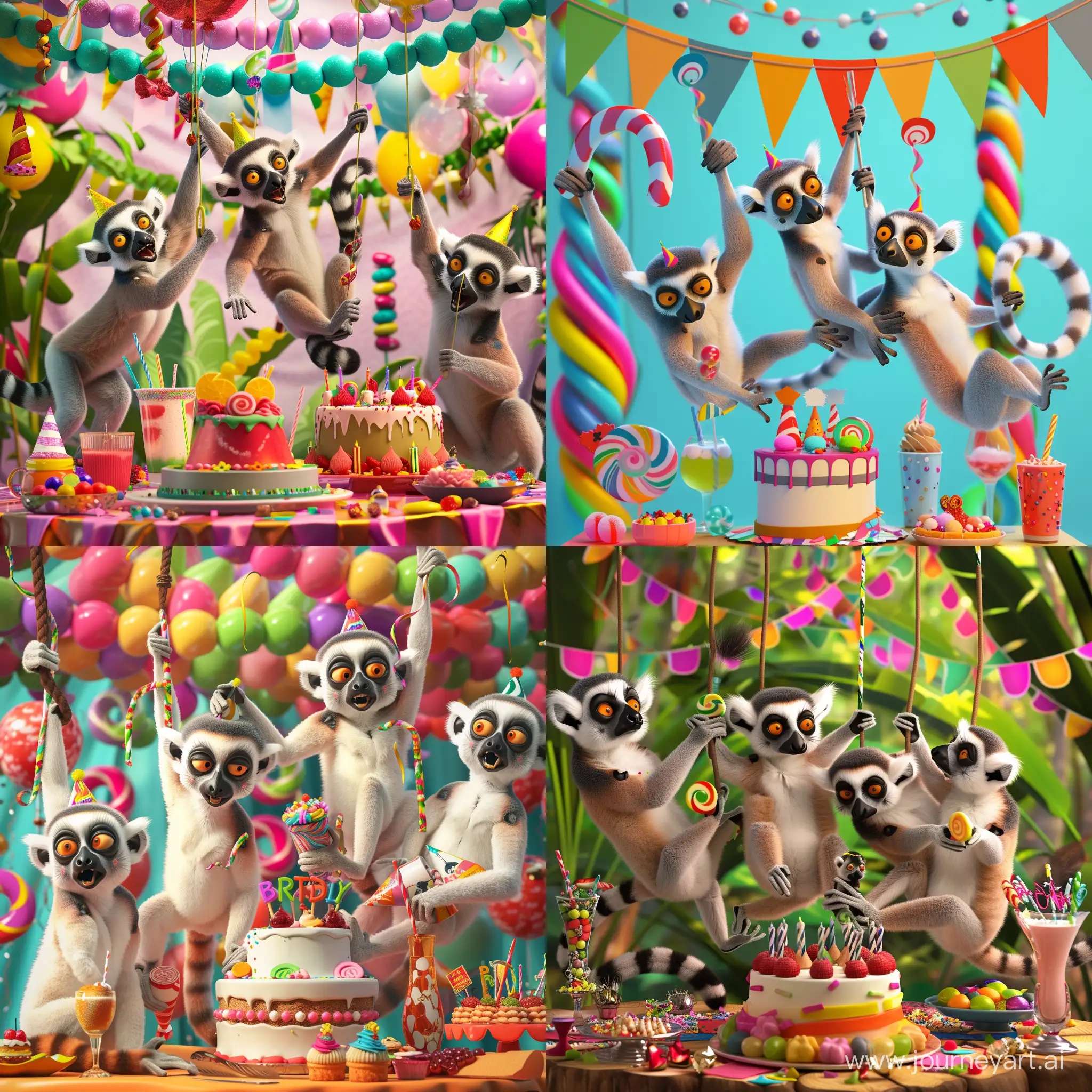 Ring failed lemurs hanging a birthday party.  Cake, candy, desserts, drinks. Vivid colors. Decorations. 3d disney animation cartoon style 