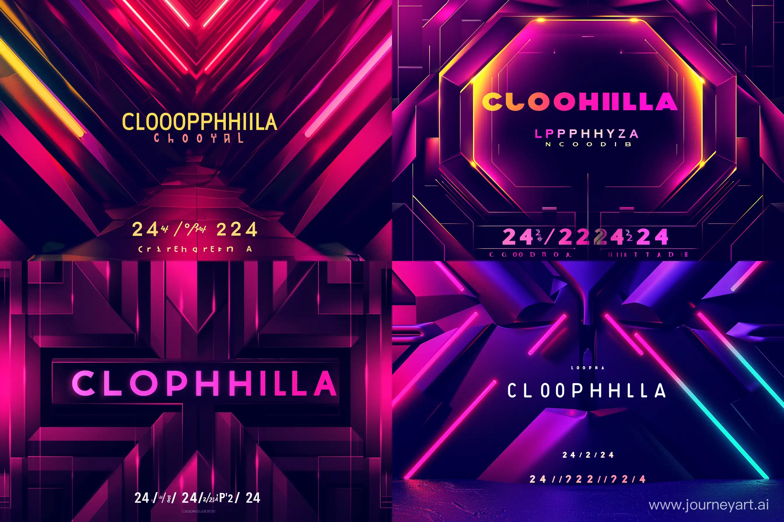 Photo Type: poster design, minimal modern, Subject Focus: techno nightclub, prominent text "CLOROPHILLA", Color Tone: bold contrast, futuristic, Setting: abstract patterns, Atmosphere: energetic, vibrant, Texture: sleek, smooth, Mood: exciting, nightlife, Composition: central alignment of text, date "24/02/24" at bottom, Lighting: neon glow, high contrast, --ar 3:2 --style raw --v 6.0