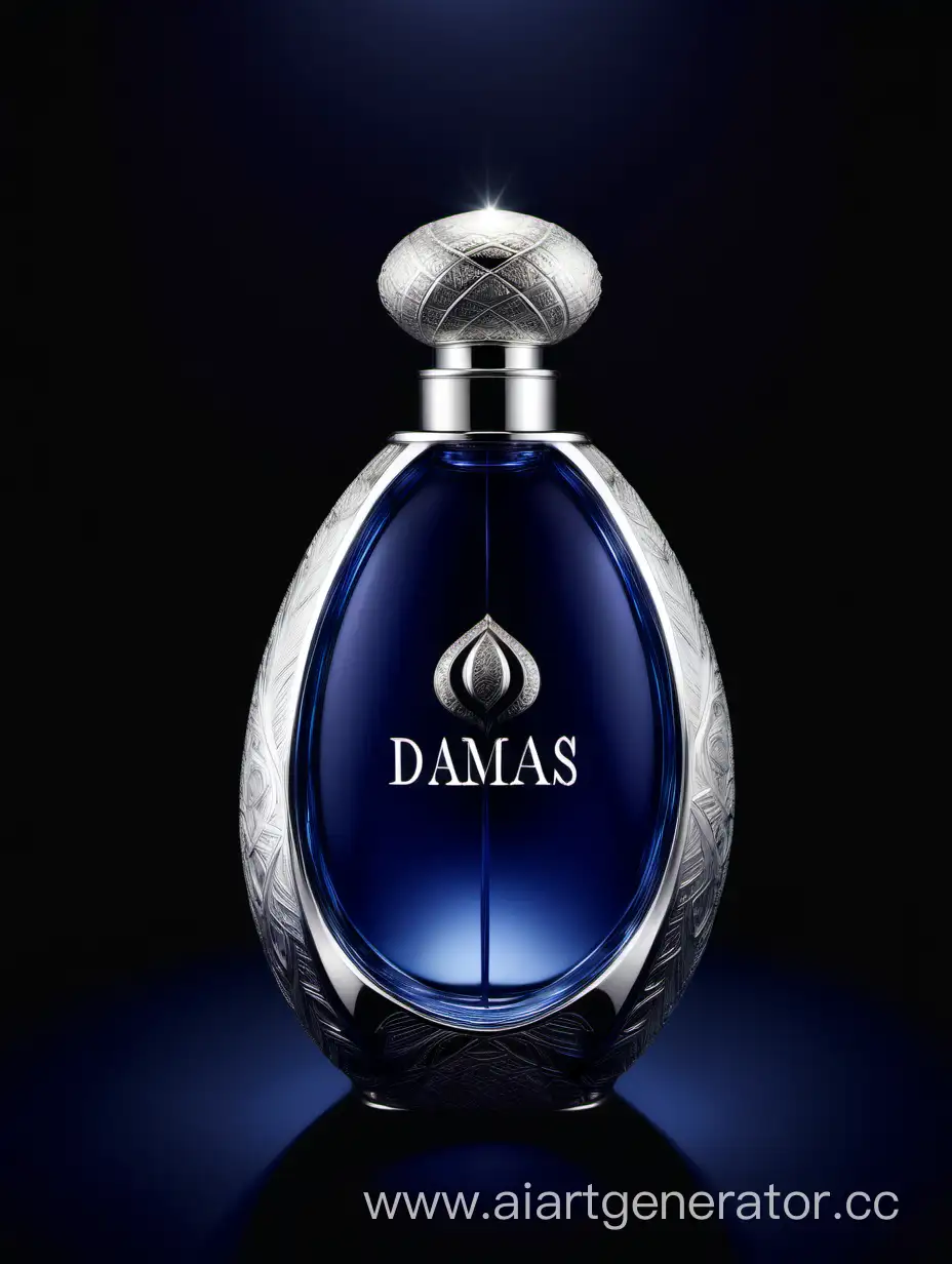 A luxurious (((silver and dark matt blue perfume))), textured crafted with intricate 3D details reflecting light around a ((black background)), with a elegant ((Damas text logo))