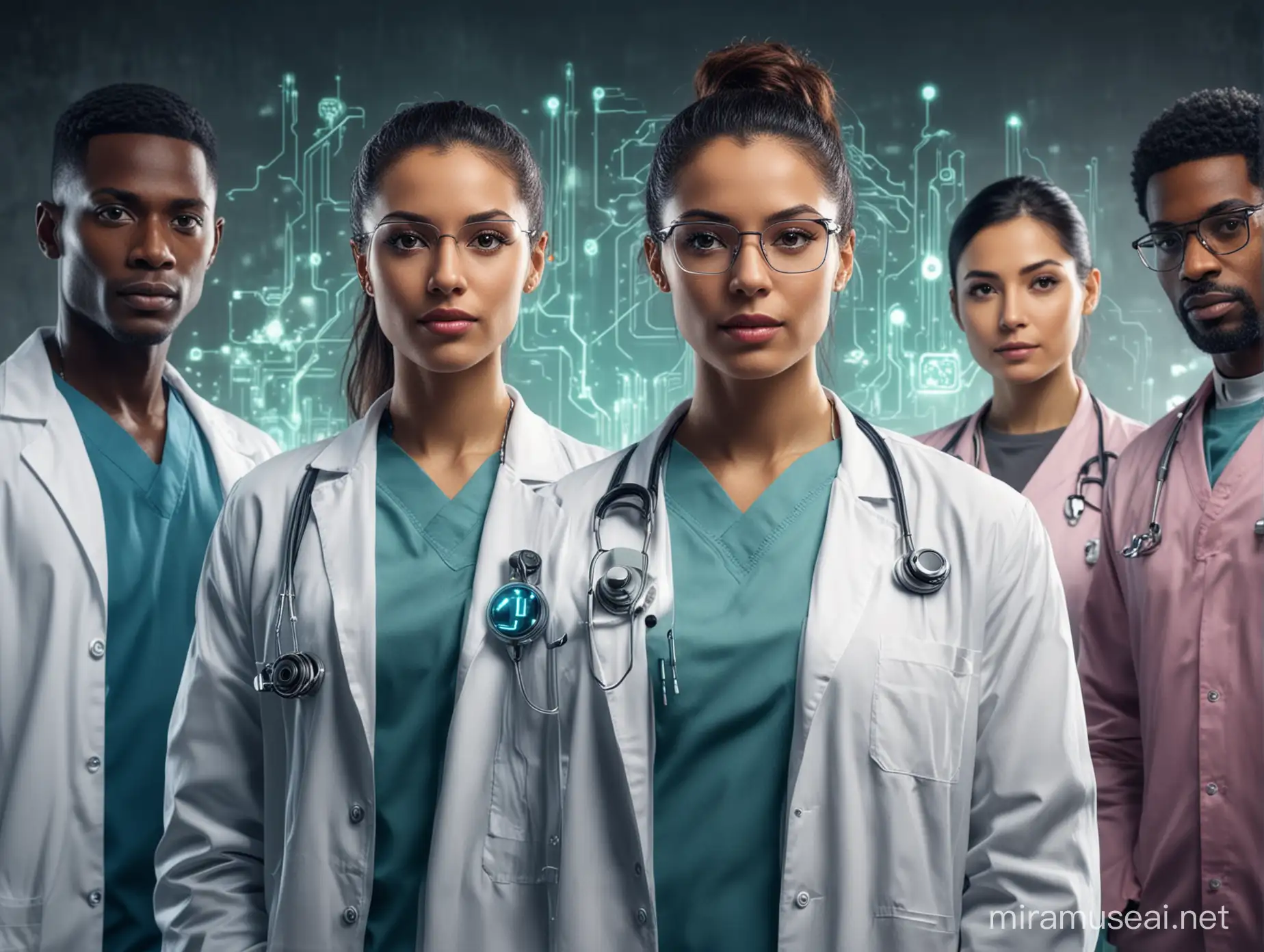 artificial intelligence cyberpunk 
 group of diverse doctors 