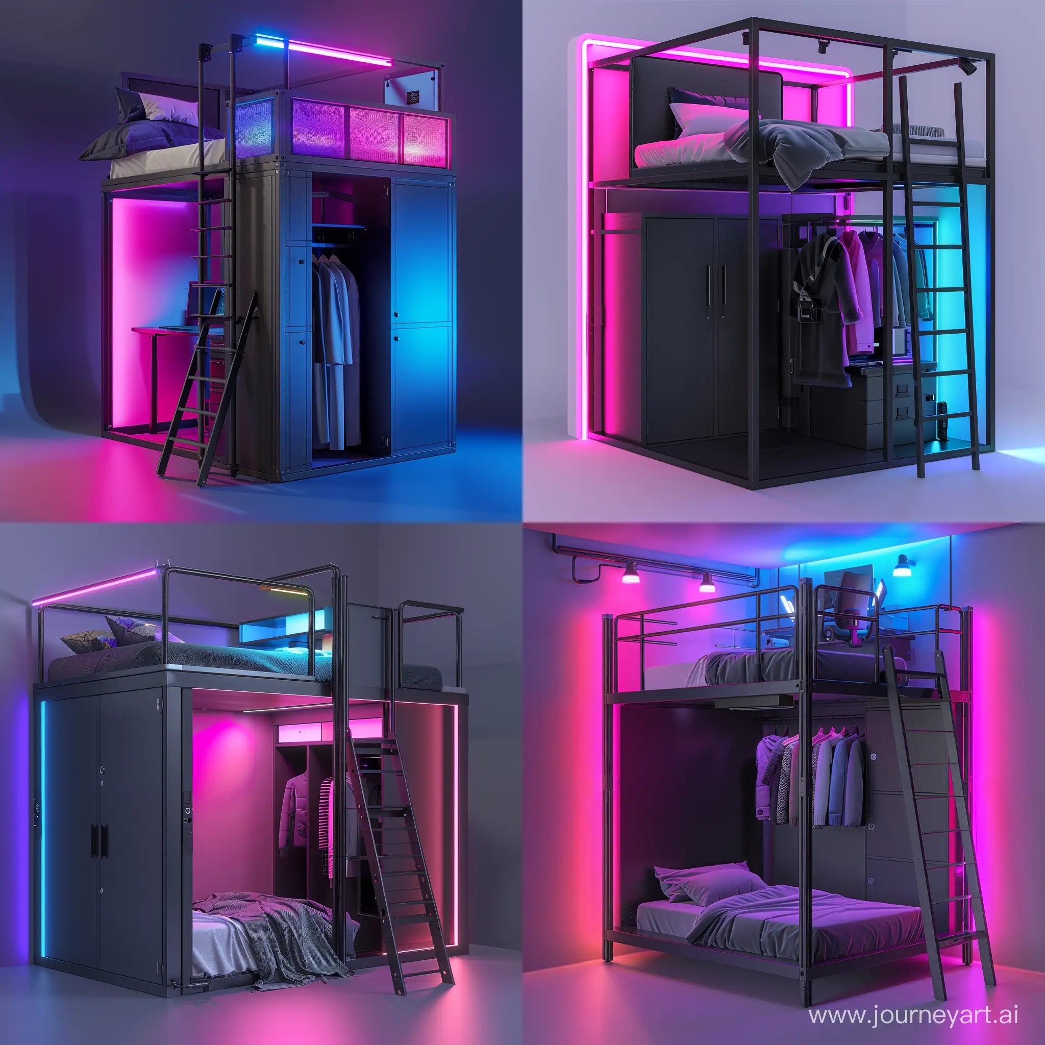 A unit for gamers containing a bed 10 centimeters high from the ground and a ladder that leads to an loft office with a wardrobe next to it. The structure of the unit is made of iron in a modern style. It contains strong lighting in bright pink, purple and blue. The dimensions of the unit are 3 meters and 150 cm, with a height of 3 meters. The colors of the unit are black and gray.