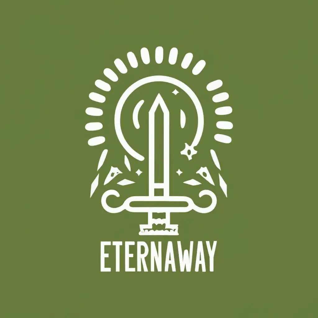 logo, A sword, with the text "Eternaway", typography with crystals emerging from a void in the background