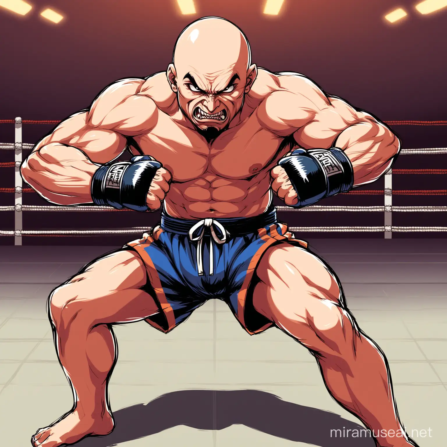 bald man character, evil face, strong, street fighter, muay thai position, shirtless, vector