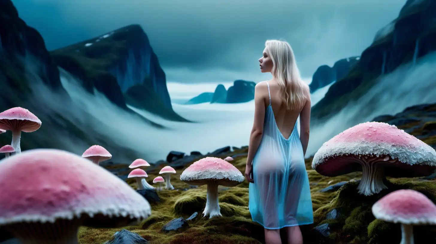 Psychedelic mountainous Norwegian landscape, large crystalline bluish minerals, icy scene, woman wearing short white nightgown in center and looking away from viewer, Moss, foggy mist, Pink and blue striated gigantic mushrooms up to the sky, taken with DSLR camera, vast, realistic lighting