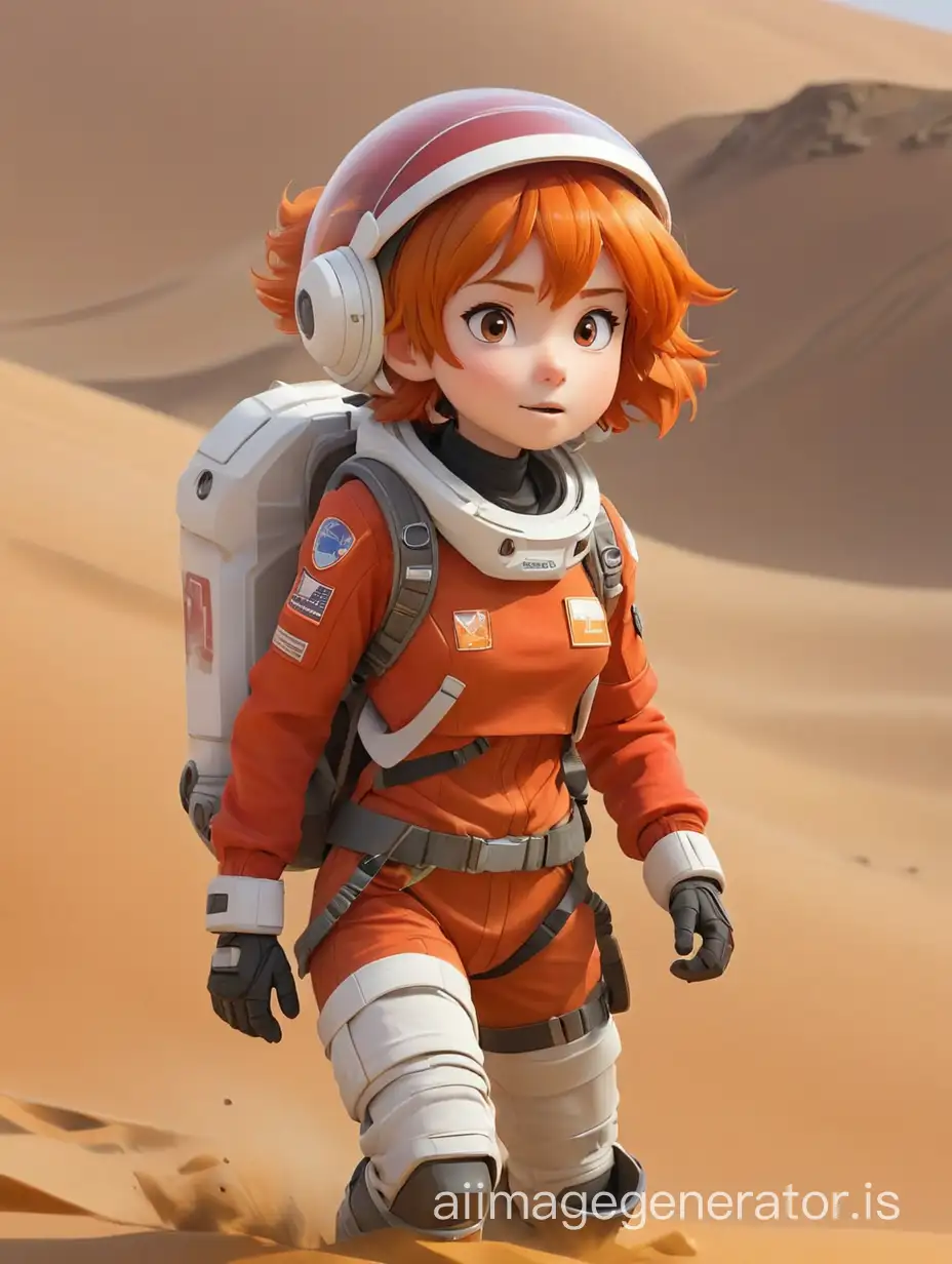 Short Orange haired anime girl, wearing a red spaceship, with a white helmet (clear visor) and white backpack, riding on the curiosity rover across a martian sand dune. Sandstorm background.