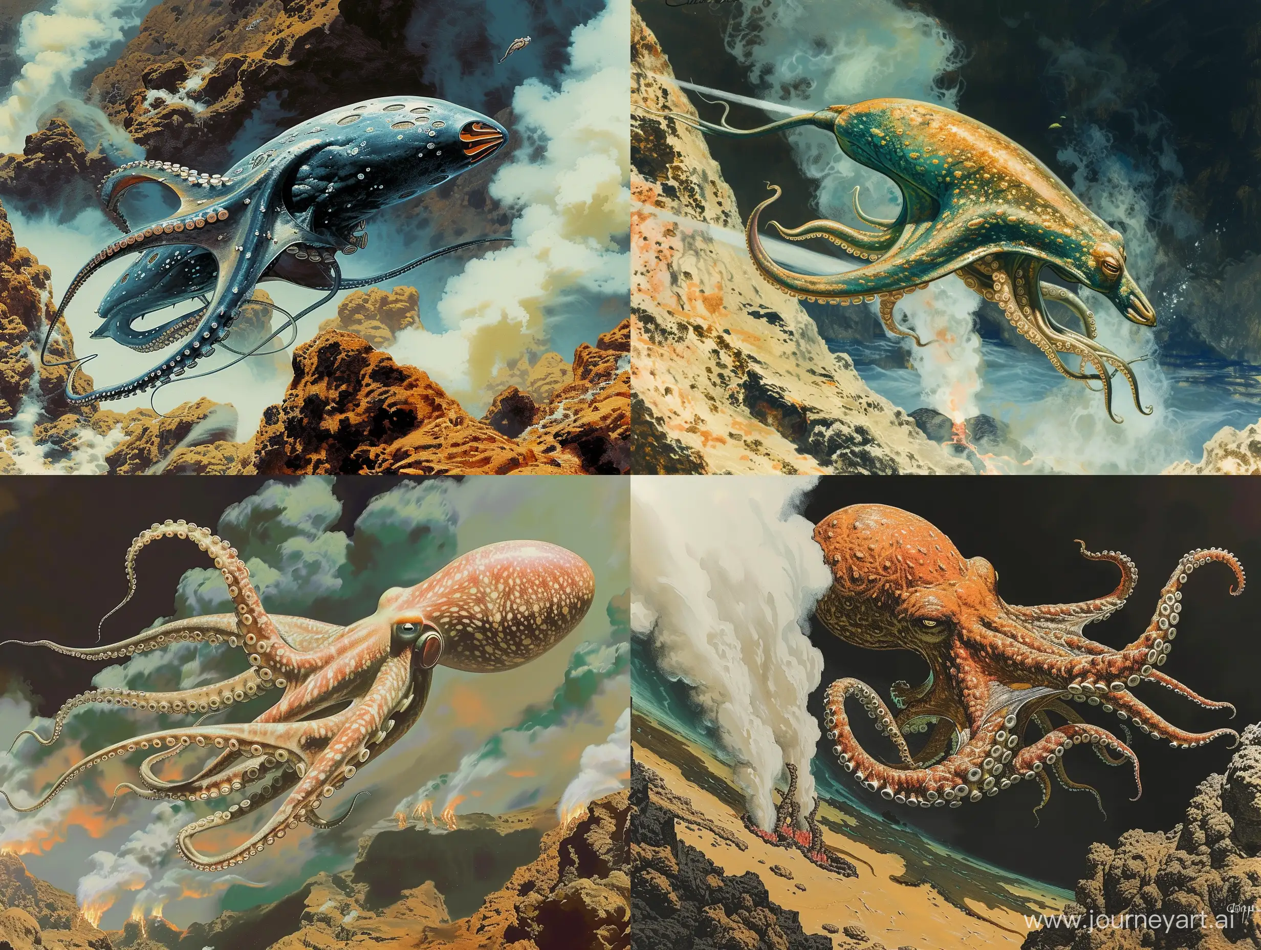 An alien hybrid of a cephalopod and cnidarian swimming in an ocean near smoking hydrothermal vents. In the style of Roger Dean and Ralph McQuarrie. retro science fiction art style. in color. surreal.