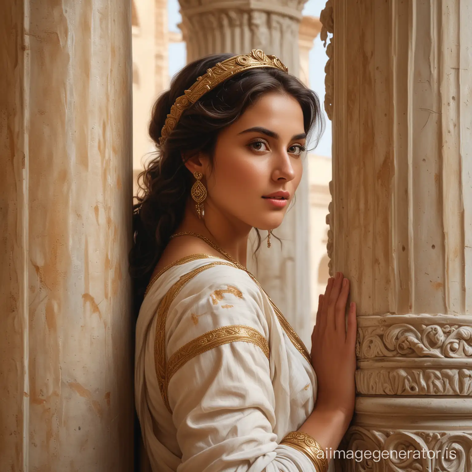 Ultra realistic oil painting of a Roman princess looking from behind of an Arabic column add neoclassical style add natural poses