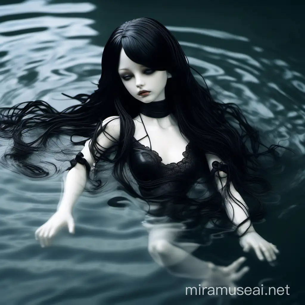 Hyperrealistic Creepy BJD Doll in Black Lace Dress Contemplating in Dark Water
