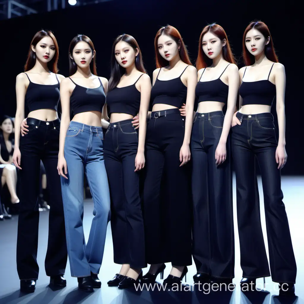 At the Fashion Show Korean beautiful girls 4 girls best friends Posing dior One girl in a black dress 2 girl in black top and oversized pants 3 Girl in a Black Dress 4 Girl in a black tank top and dark jeans  