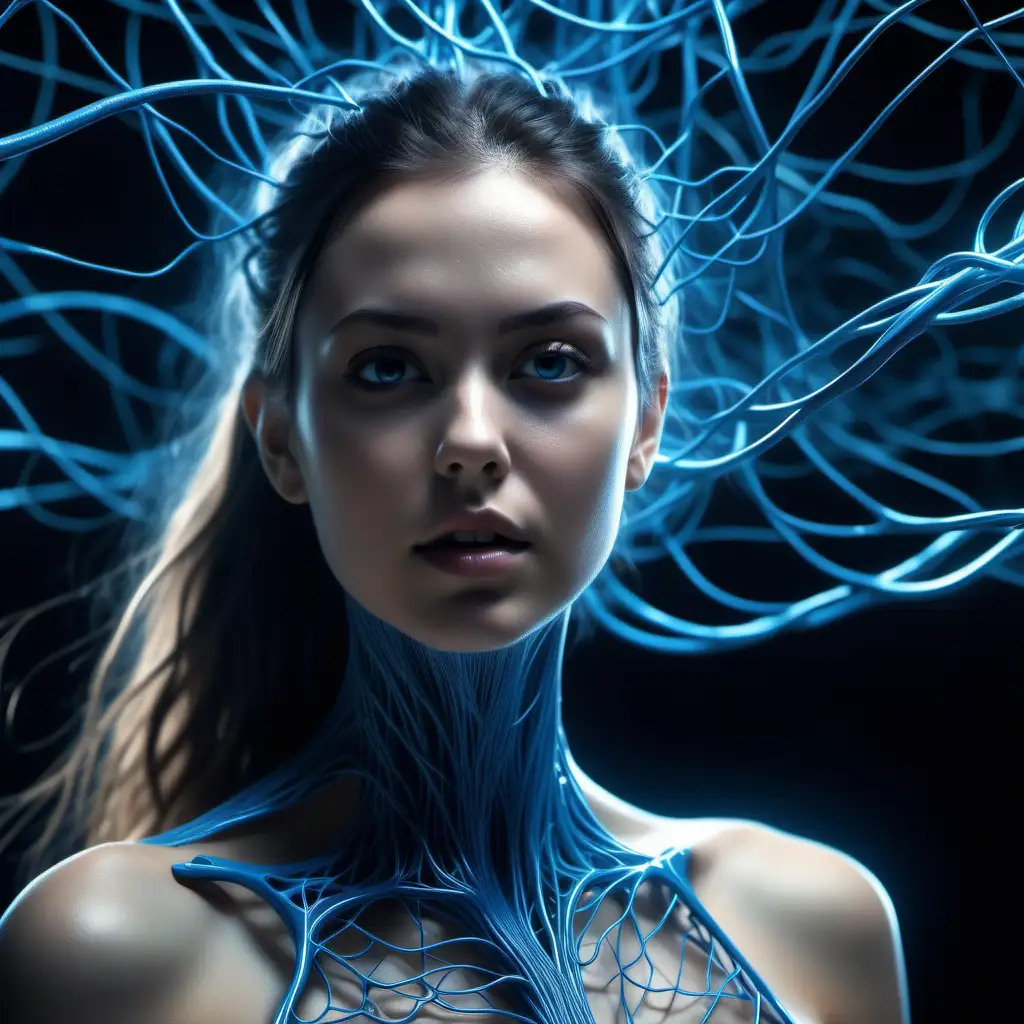 A mindblowing realistic
uhd 8k matrix style, detailed photography, dramatic lighting.
A stunning looking 23 year old woman, half body with blue 3d nerve network, drawing a virtual 4 dimensional neutrel blue nerve network surrounding and spin up in sloped curves, forming a vast amount of complex loops, ascending through various levels, thus being entangled with each other in a surreal way.