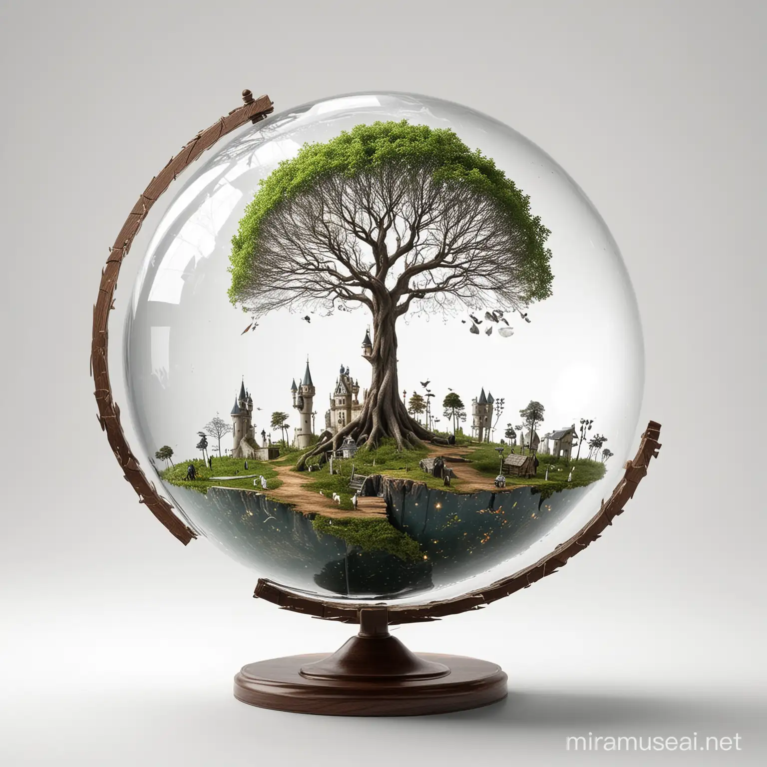 abstrakcyjny obraz przedstawia globus. Reprezentuje koncepcję baśni i światów fantasy, dostarczając poczucia zdumienia i wyobraźni. Białe tło 