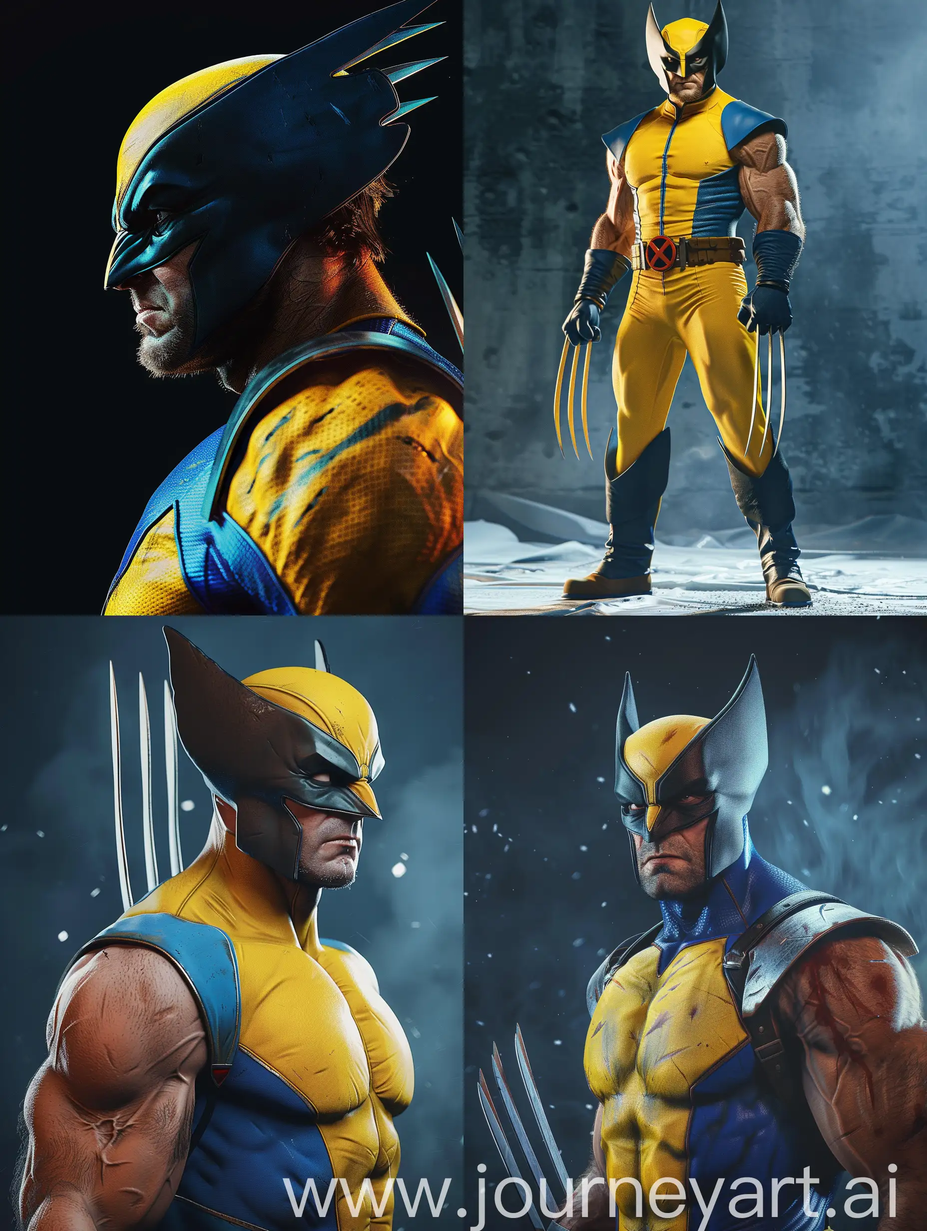 Marvel Wolverine in classic yellow and blue suit played by Hugh jackman body forward looking to the side ((8K)) (ultra detailed)
