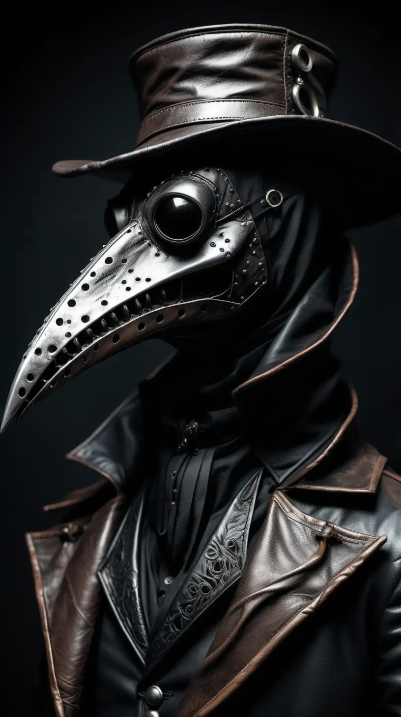Realistic leather  plague doctor, dark, surreal, close up, Victorian era suit, wearing cross