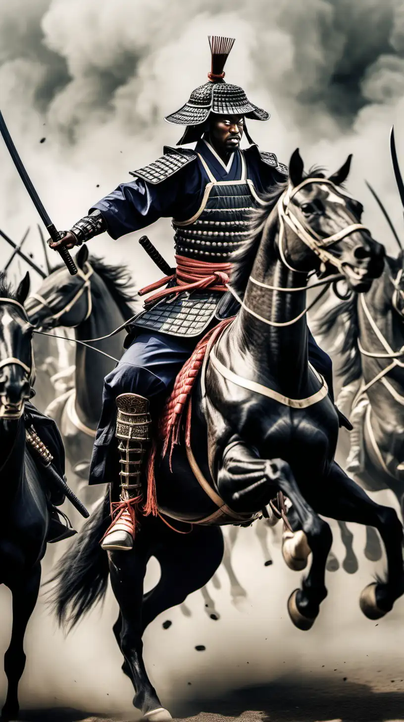 Courageous Black Samurai Warrior on Horse Confronting Enemy Army