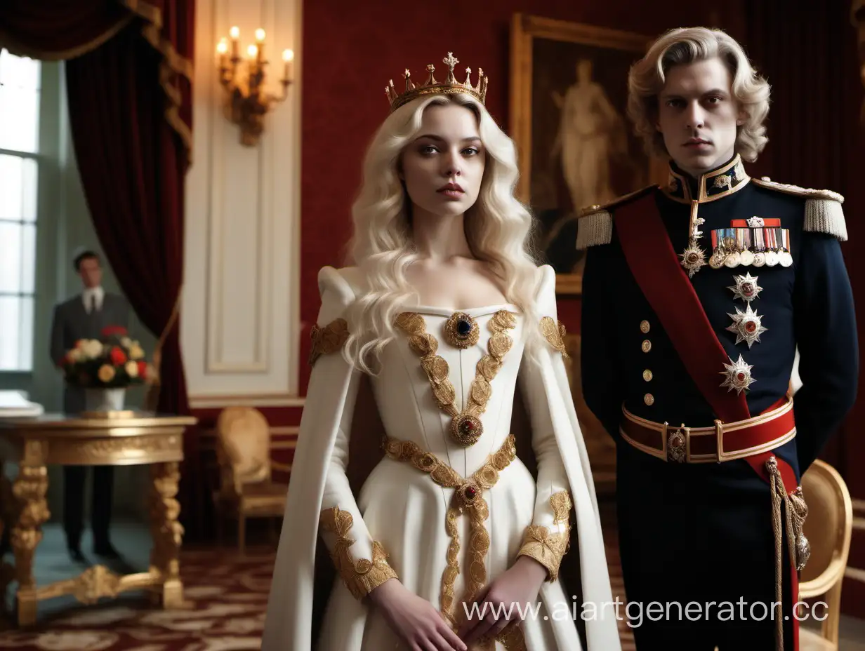 Regal Pale King with Chestnut Wavy Hair Stands Beside Beautiful Blonde girl in Royal Chambers