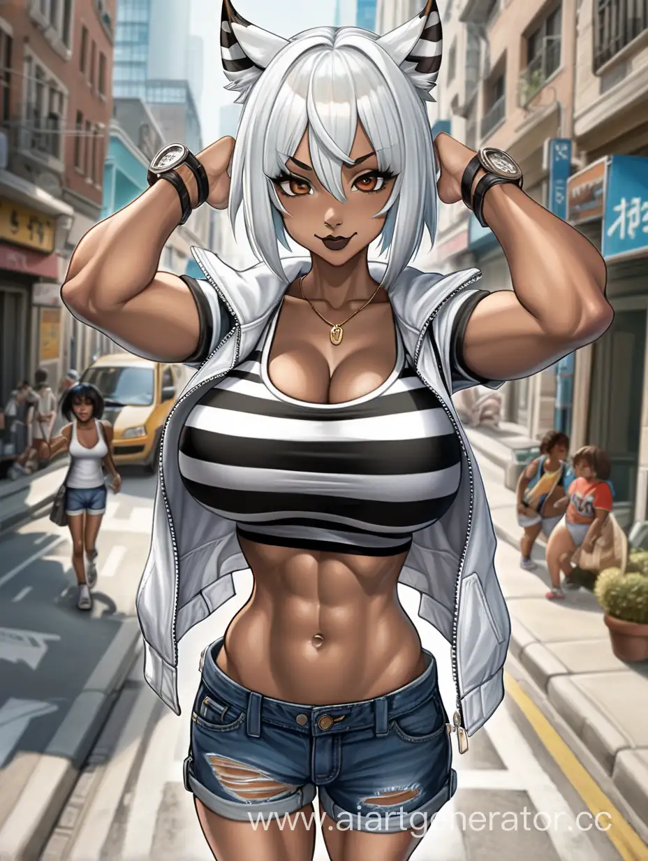 Above View, Full Body View, City Street, Walking Around,  1 Person, Women, Beastwomen, Tiger Ears, White Hair, ,Black Striped Hair, Short Hair, Spiky Hairstly, Dark Ebony Brown Skin, White T-shirt, Jean Shorts, White Jacket, Perfect Hands, Five Finger, Black Lipstick, Seriuos Smile, Brown Eyes, Sharp Eyes, Perfectly Symmetrical Body, Tall Body, Massive Breasts, Muscular Detailed Arms, Muscular Legs, Well-toned Body, Muscular Body, Well-toned Abs, Hard Abs, Detailed Abs, Tiger Body Stripes,  Tiger Tail, 
