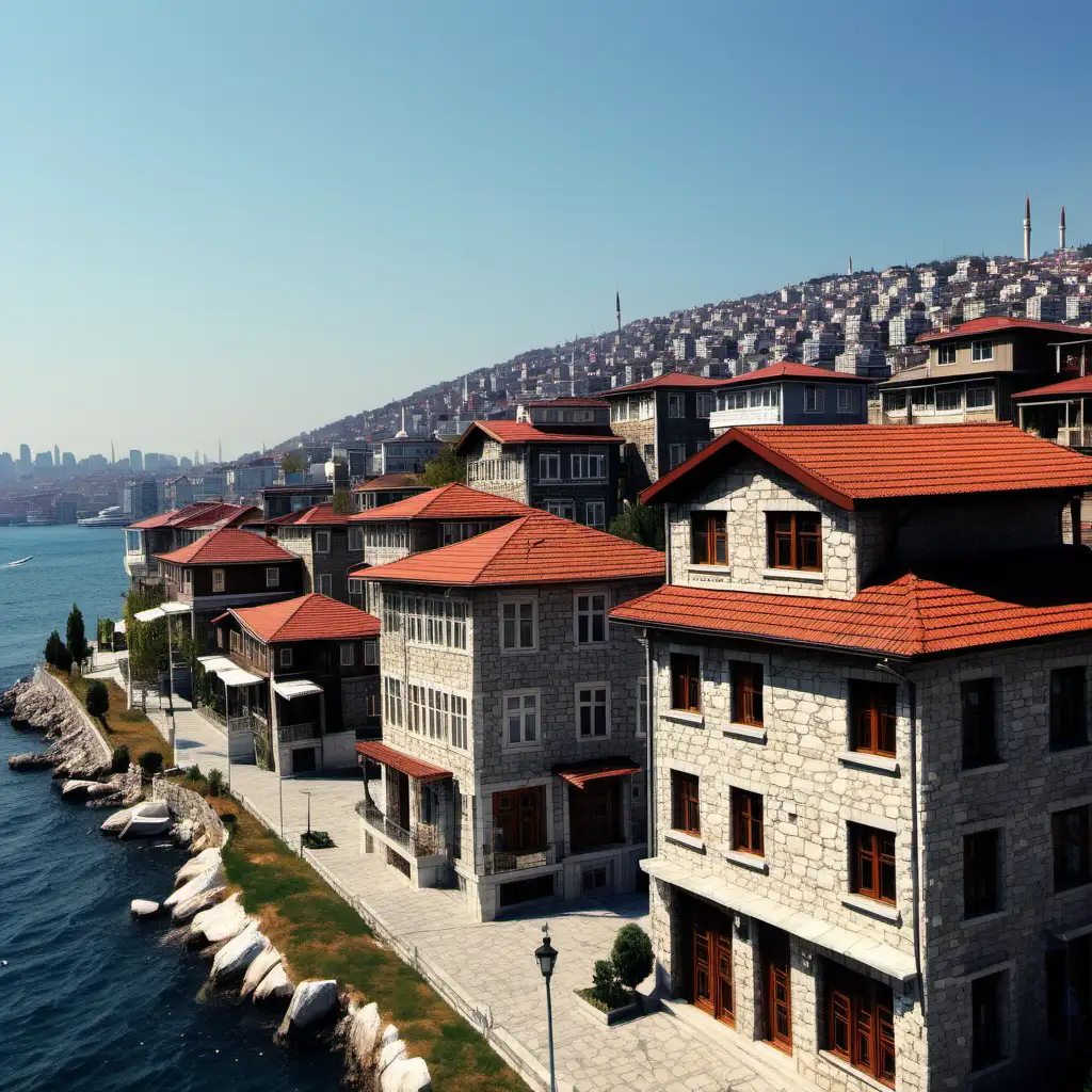a village, have lots of turkish traditional villas, cozy mood, stone and burning wooden, in istanbul, sunny