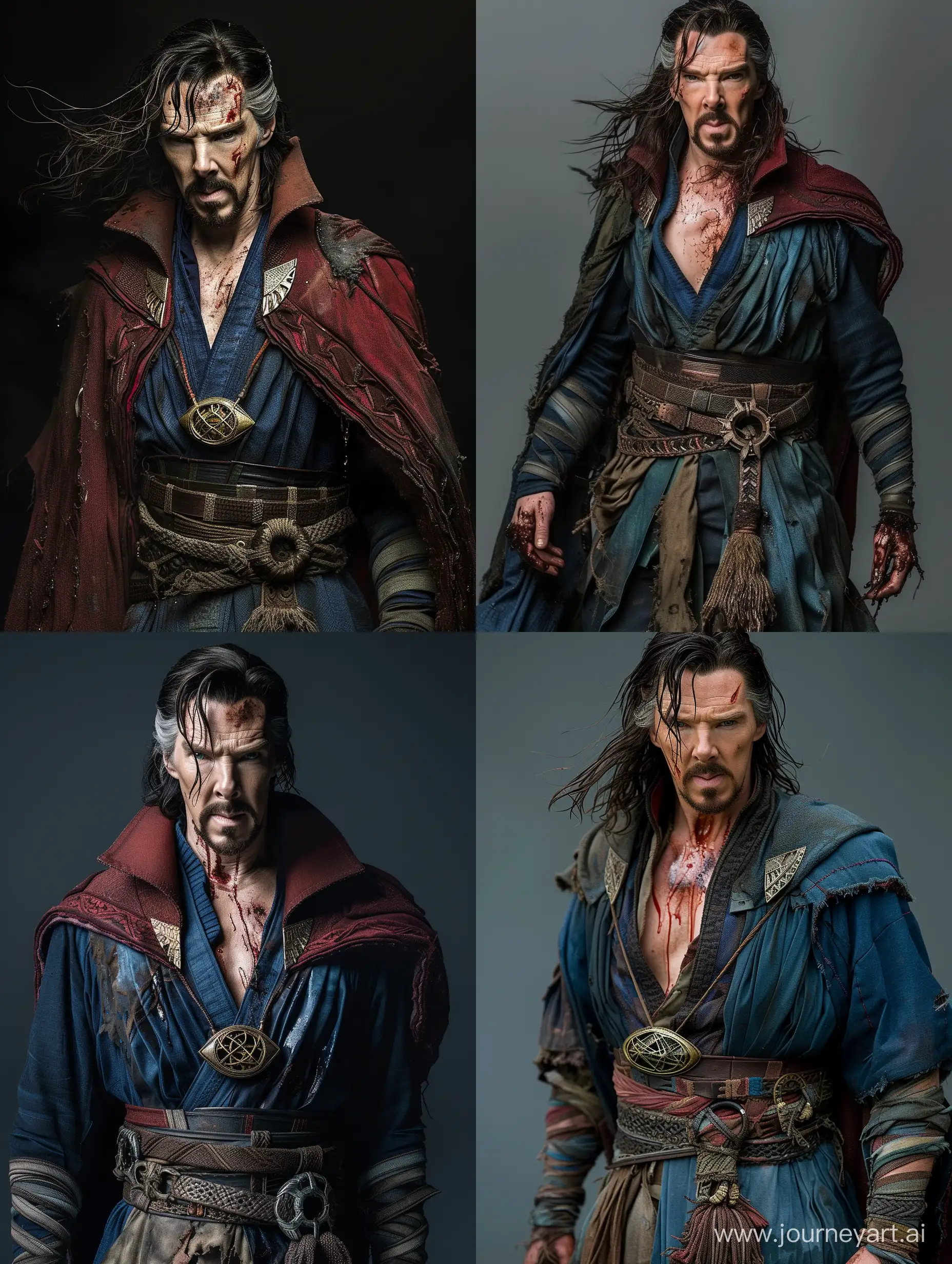 Doctor Strange with long hair, in ripped, tattered, ragged outfit revealing chest,wet